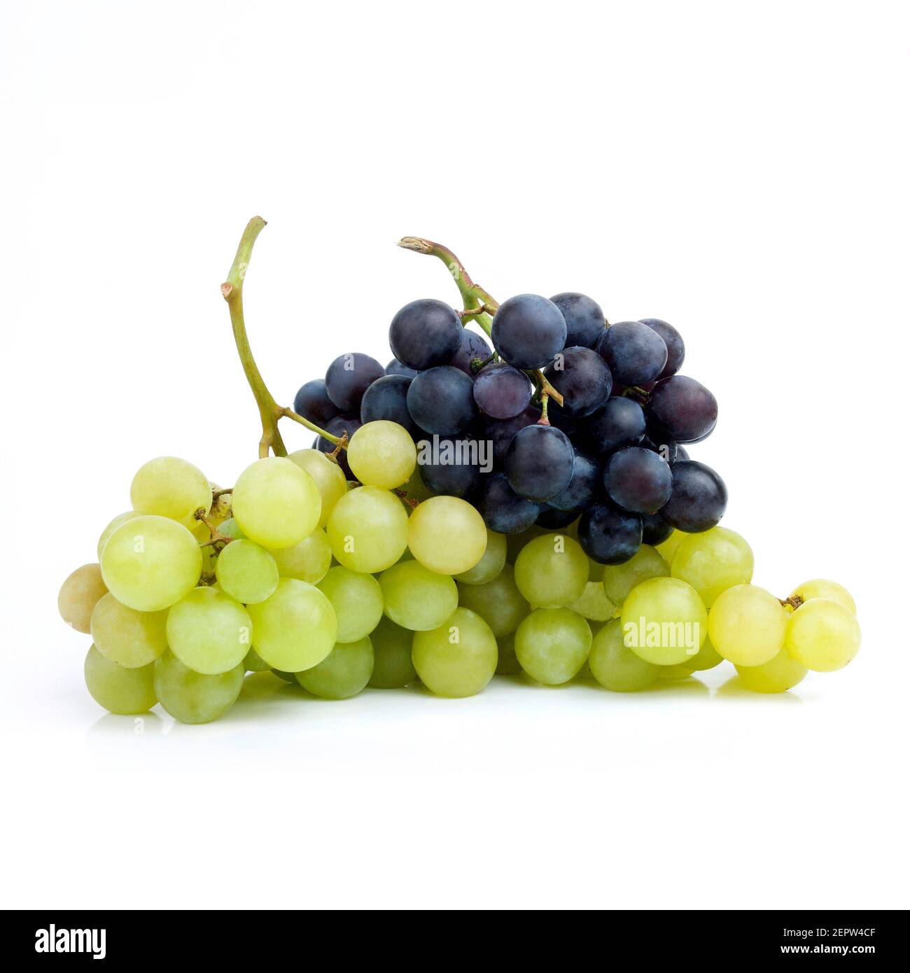 A fresh arrangement of green and black grapes against a white background highlighting their textures and colors Stock Photo