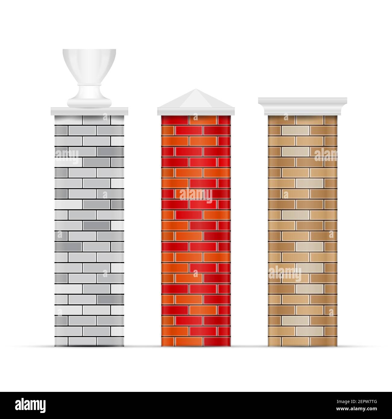 Brick fence posts with caps. 3D vector illustration isolated on white. Stock Vector