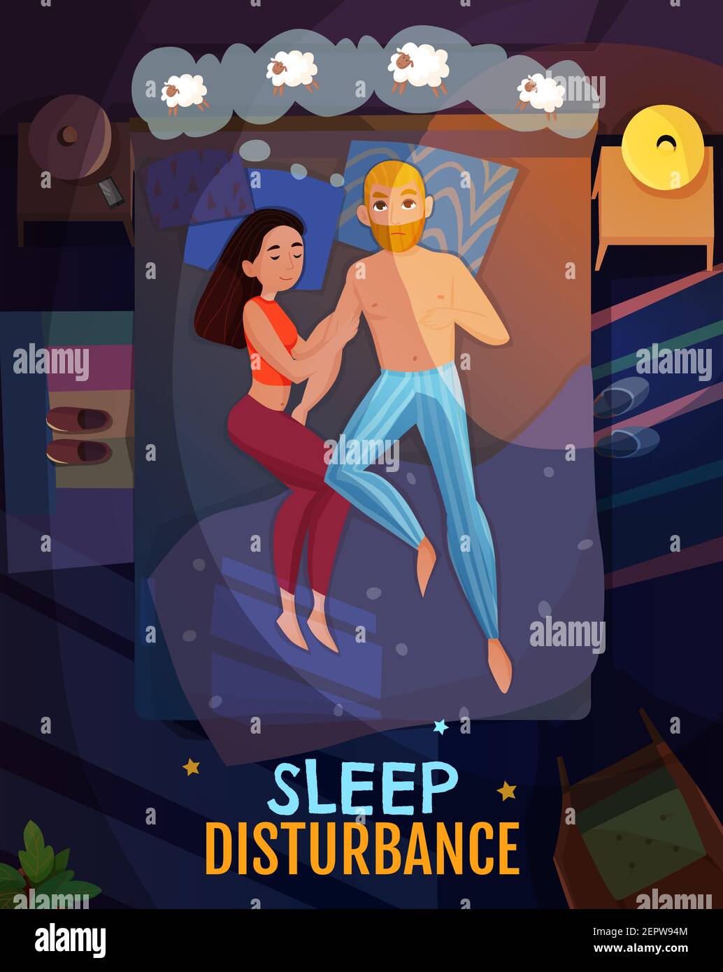 Sleeping poses poster with sleep disturbance symbols flat vector ...