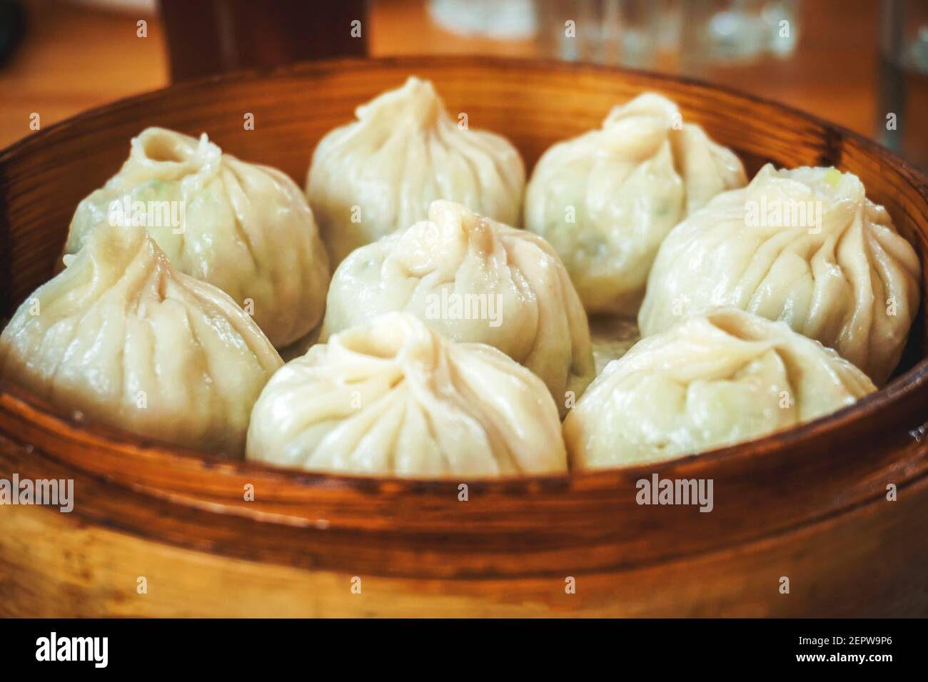 steamed dumplings in wooden basket Stock Photo