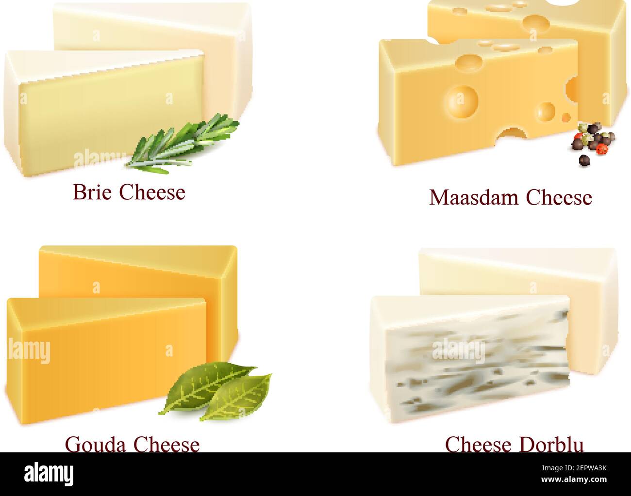 Set of cheese kinds in pieces brie, gouda, dorblu and maasdam with
