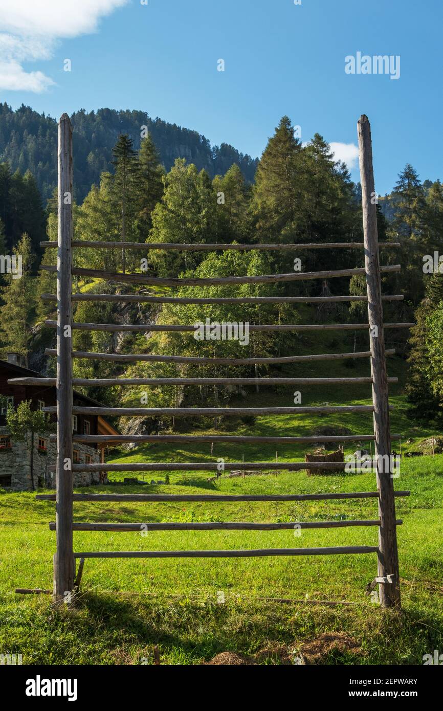 Forage dryer. Wooden hay rack. Hinterbichl. Venediger group. Virgental. Austrian Alps. Europe Stock Photo
