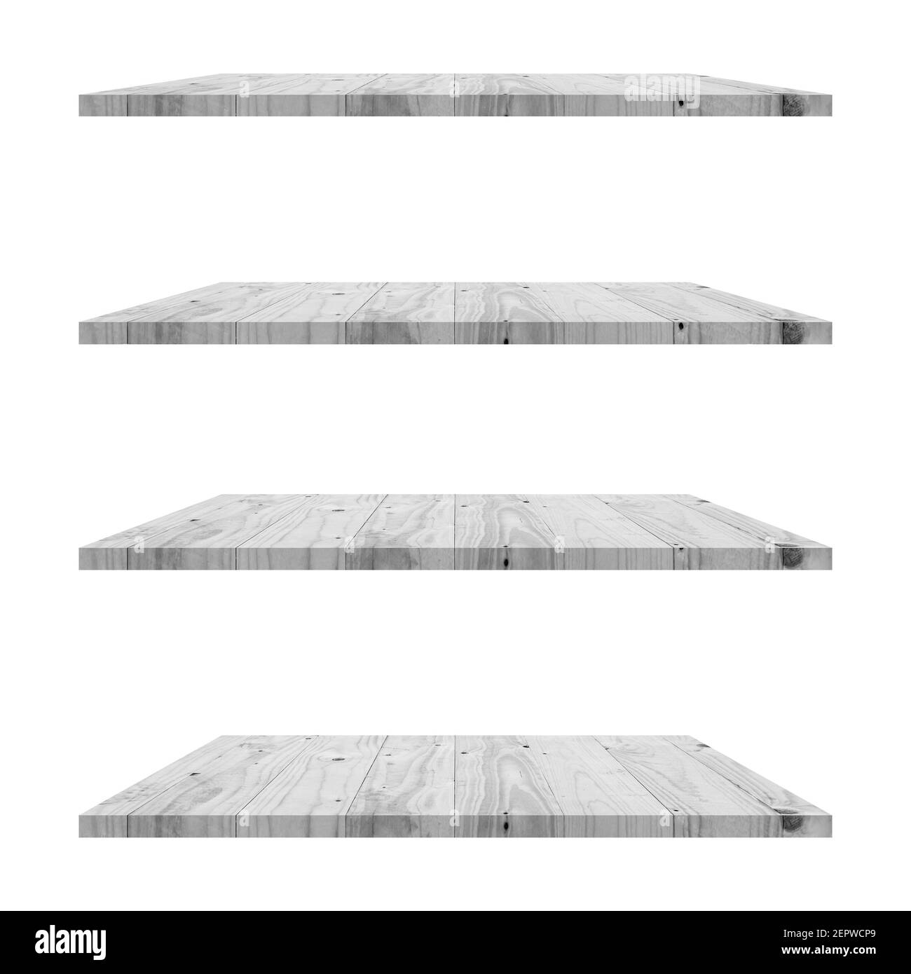 4 Wood shelves table isolated on white background and display montage for product. Stock Photo