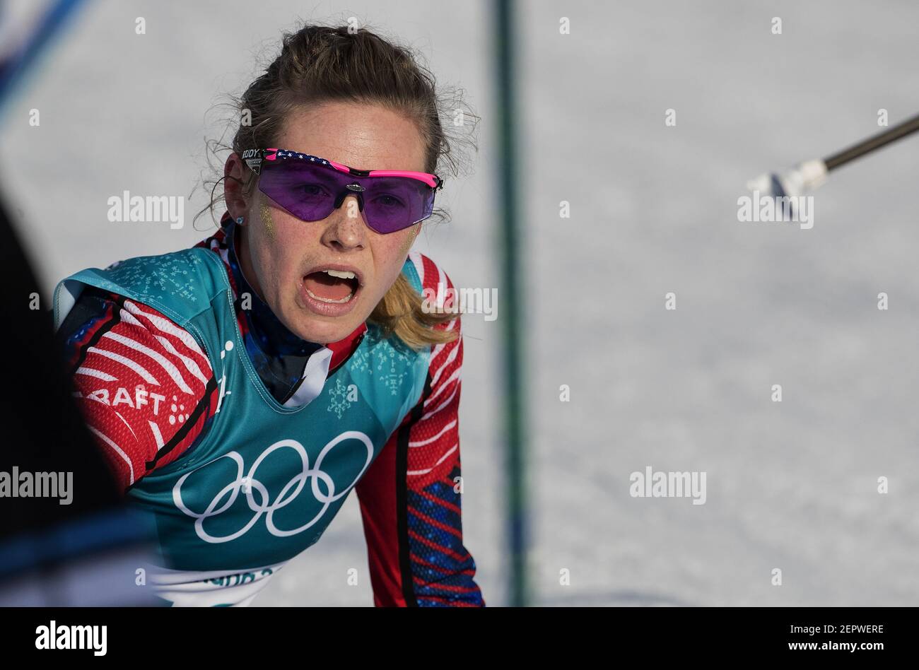 Jessie Diggins of Afton, Minn., catches her breath after finishing fifth in the women's 10km Cross Country freestyle final at Alpensia Cross-Country Centre on Thursday, February 15, 2018, at the Winter Olympics in Pyeongchang, South Korea. (Photo by Carlos Gonzalez/Minneapolis Star Tribune/TNS/Sipa USA) Stock Photo