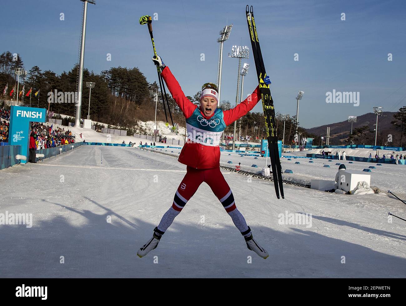Ragnhild Haga of Norway celebrates after winning the gold medal in the women's 10km Cross Country freestyle final at Alpensia Cross-Country Centre on Thursday, February 15, 2018, at the Winter Olympics in Pyeongchang, South Korea. (Photo by Carlos Gonzalez/Minneapolis Star Tribune/TNS/Sipa USA) Stock Photo