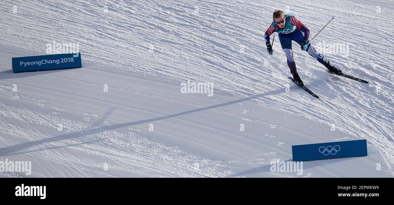 Jessie Diggins of Afton, Minn., finishes fifth in the women's 10km Cross Country freestyle final at Alpensia Cross-Country Centre on Thursday, February 15, 2018, at the Winter Olympics in Pyeongchang, South Korea. (Photo by Carlos Gonzalez/Minneapolis Star Tribune/TNS/Sipa USA) Stock Photo
