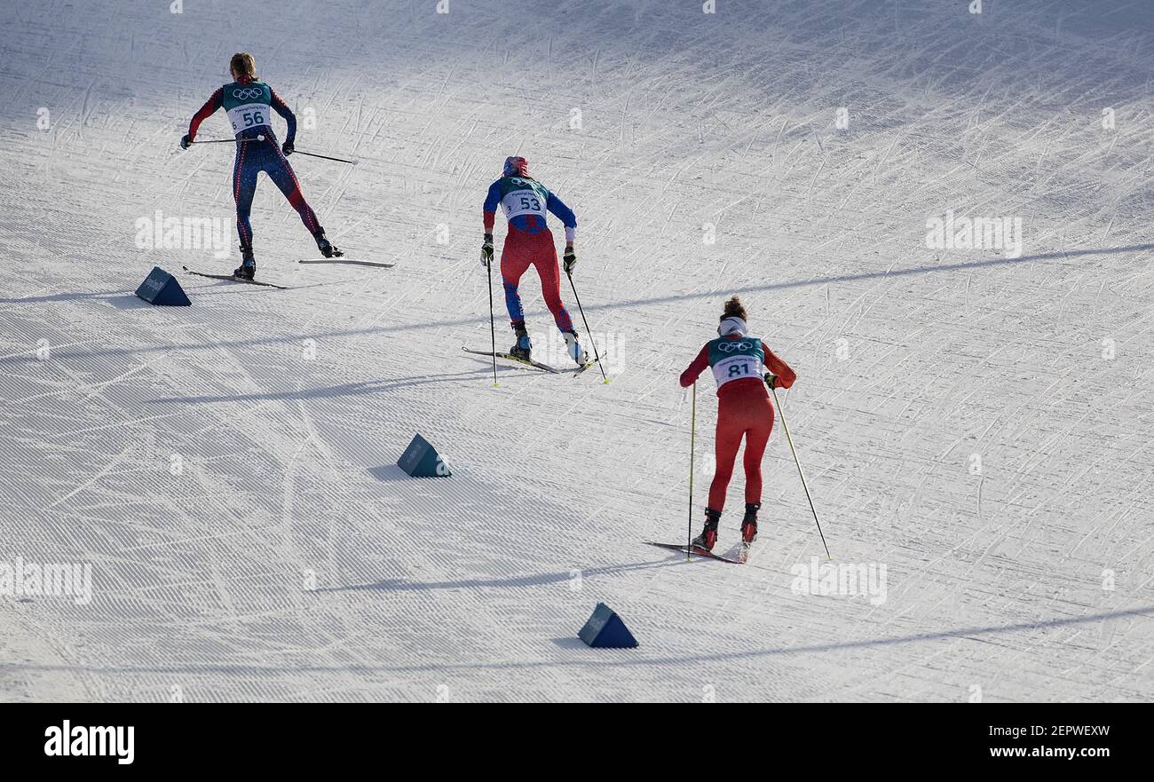Jessie Diggins of Afton, Minn., who finished fifth, leads a group of skiers up a climb in the women's 10km Cross Country freestyle final at Alpensia Cross-Country Centre on Thursday, February 15, 2018, at the Winter Olympics in Pyeongchang, South Korea. (Photo by Carlos Gonzalez/Minneapolis Star Tribune/TNS/Sipa USA) Stock Photo