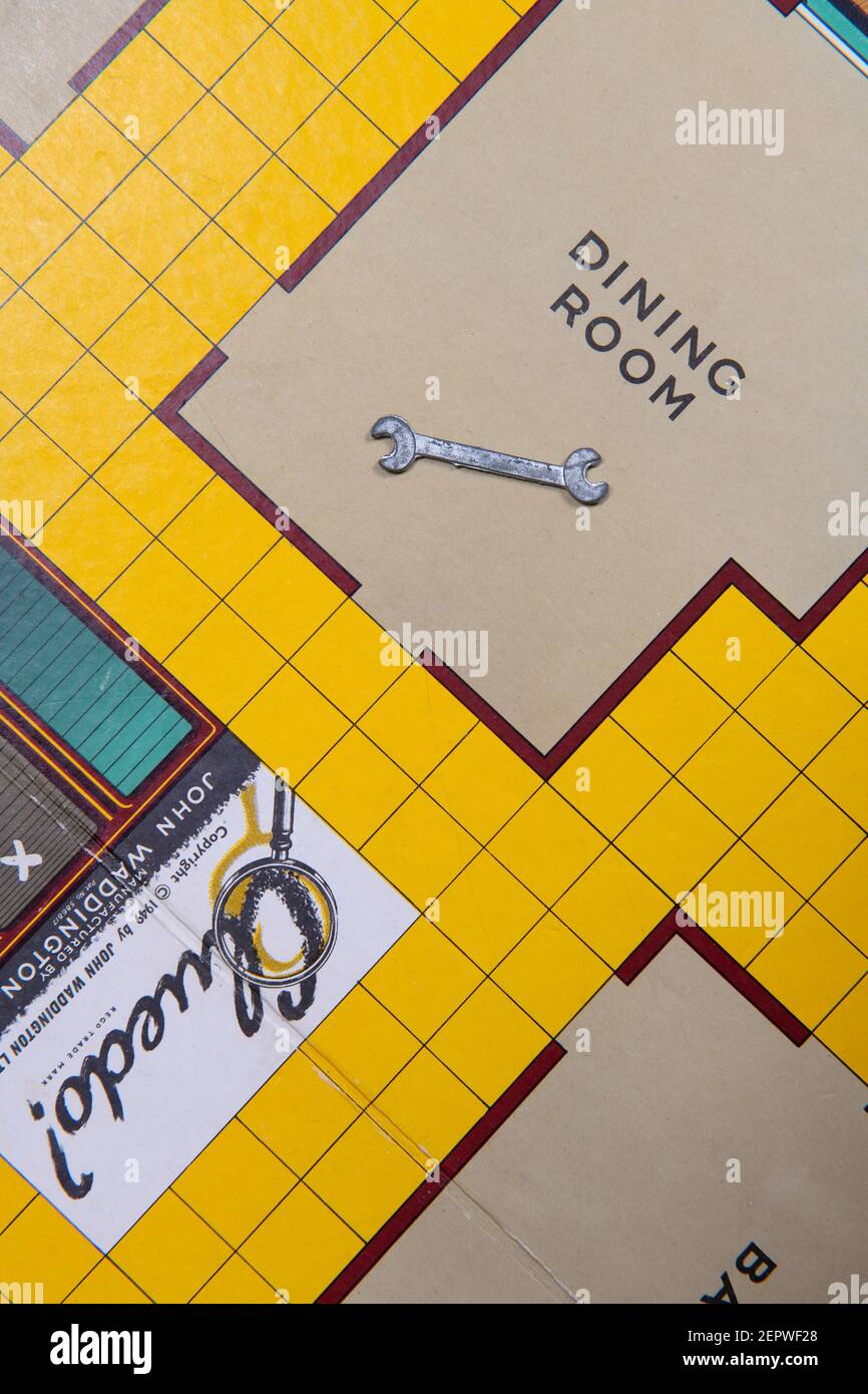 Detail of 1949 original Cluedo game board with period graphics and