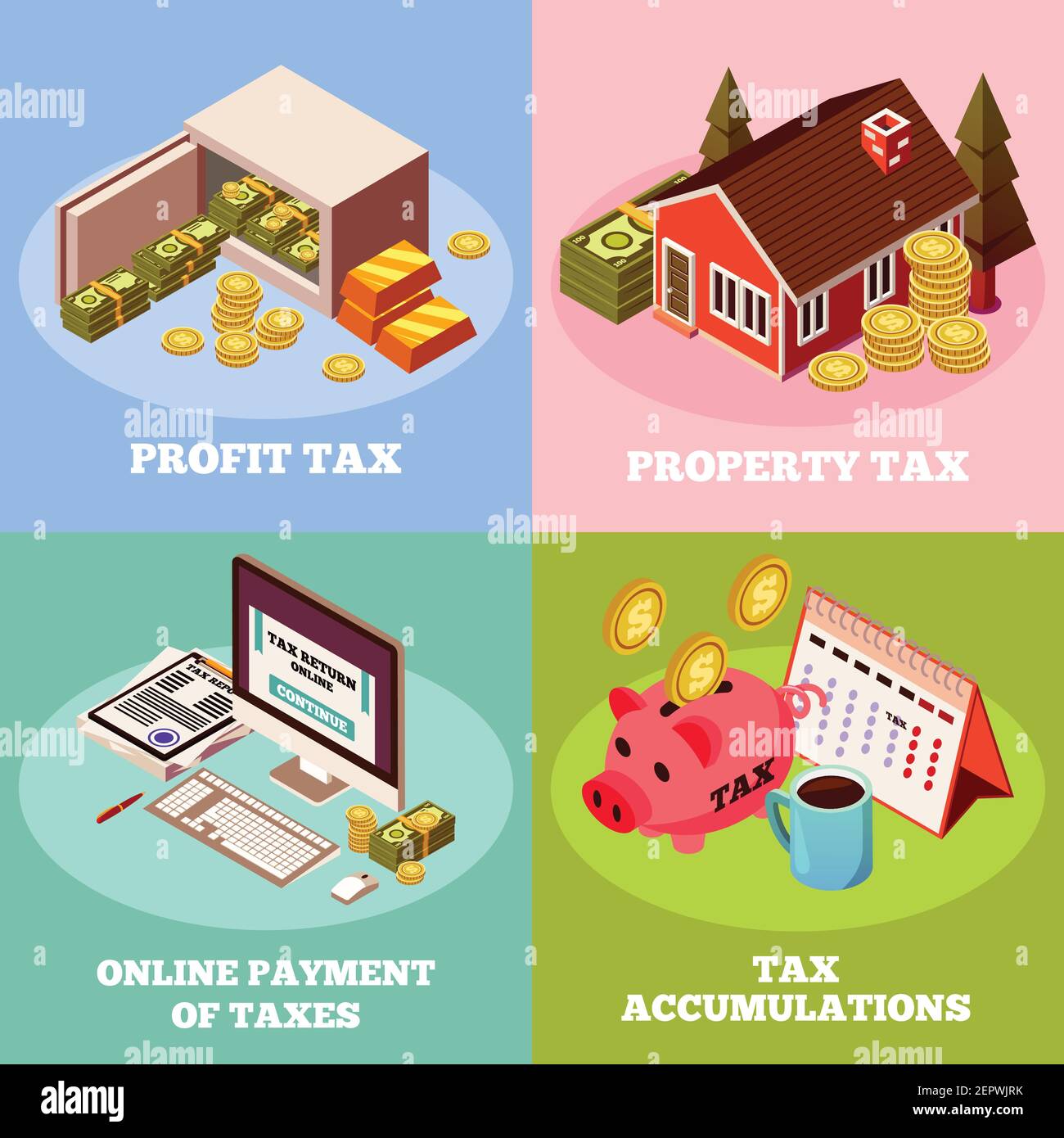 Accounting and taxes 2x2 isometric design concept with profit tax