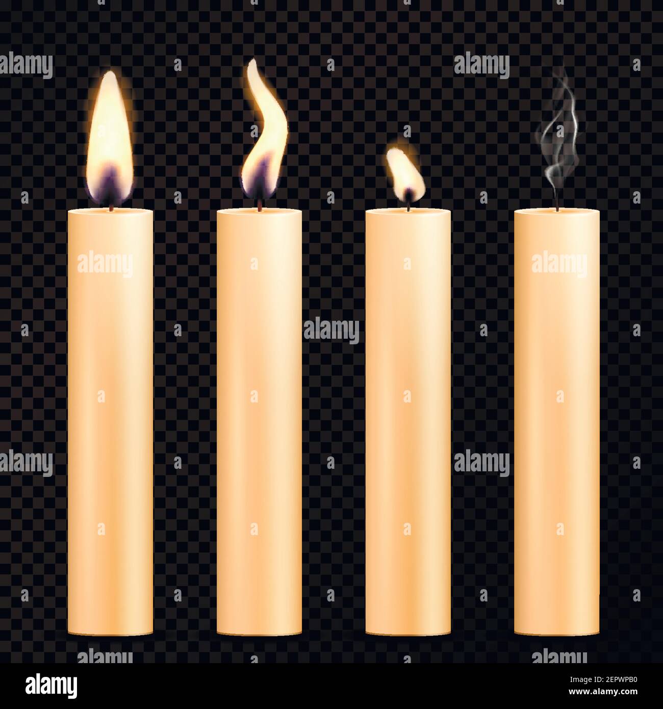 Four isolated images of burning orange candles in realistic style on