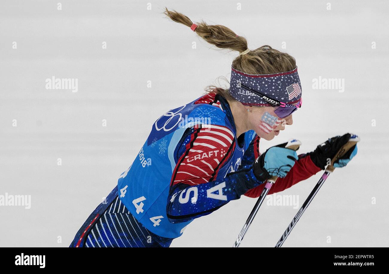 Jessie Diggins of the United States during the Women's 4x5km Relay at Alpensia Cross-Country Centre during the Pyeongchang Winter Olympics on Saturday, Feb. 17, 2018. The USA finished in fifth place. (Photo by Carlos Gonzalez/Minneapolis Star Tribune/TNS/Sipa USA) Stock Photo