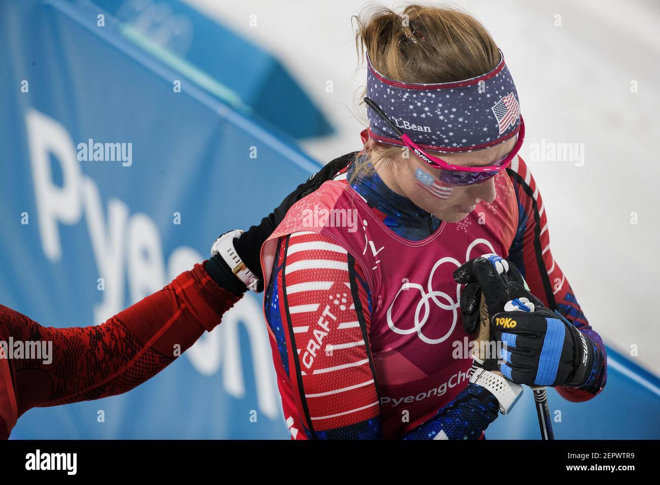 Team USA's Sophie Caldwell walks off the course after her leg in the Women's 4x5km Relay at Alpensia Cross-Country Centre during the Pyeongchang Winter Olympics on Saturday, Feb. 17, 2018. The USA finished in fifth place. (Photo by Carlos Gonzalez/Minneapolis Star Tribune/TNS/Sipa USA) Stock Photo