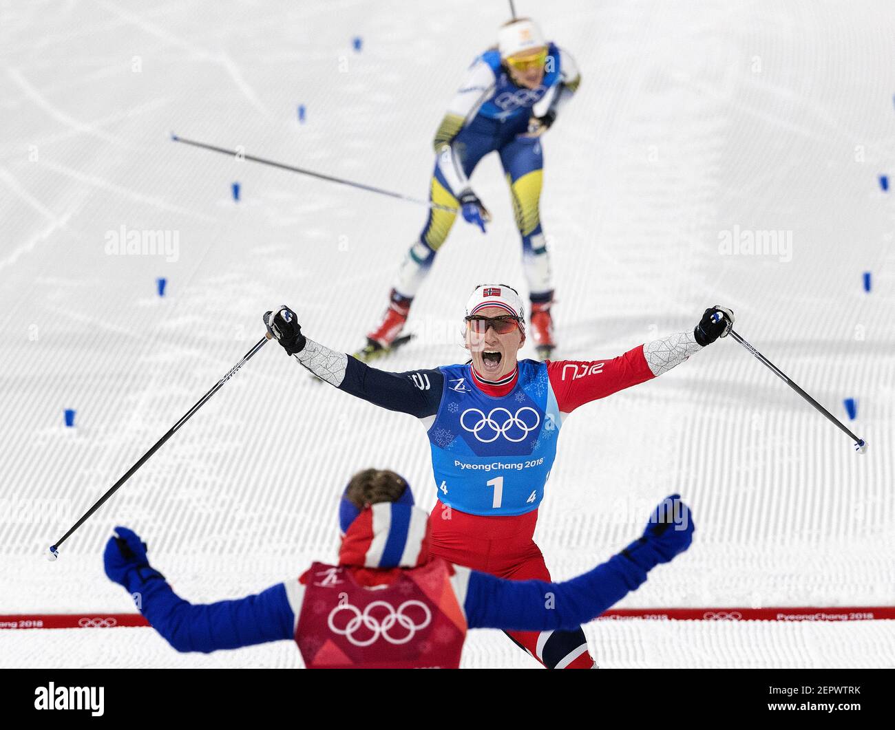 Marit Bjoergen of Norway celebrates after crossing the finish line to win the gold medal during the Women's 4x5km Relay at Alpensia Cross-Country Centre during the Pyeongchang Winter Olympics on Saturday, Feb. 17, 2018. (Photo by Carlos Gonzalez/Minneapolis Star Tribune/TNS/Sipa USA) Stock Photo