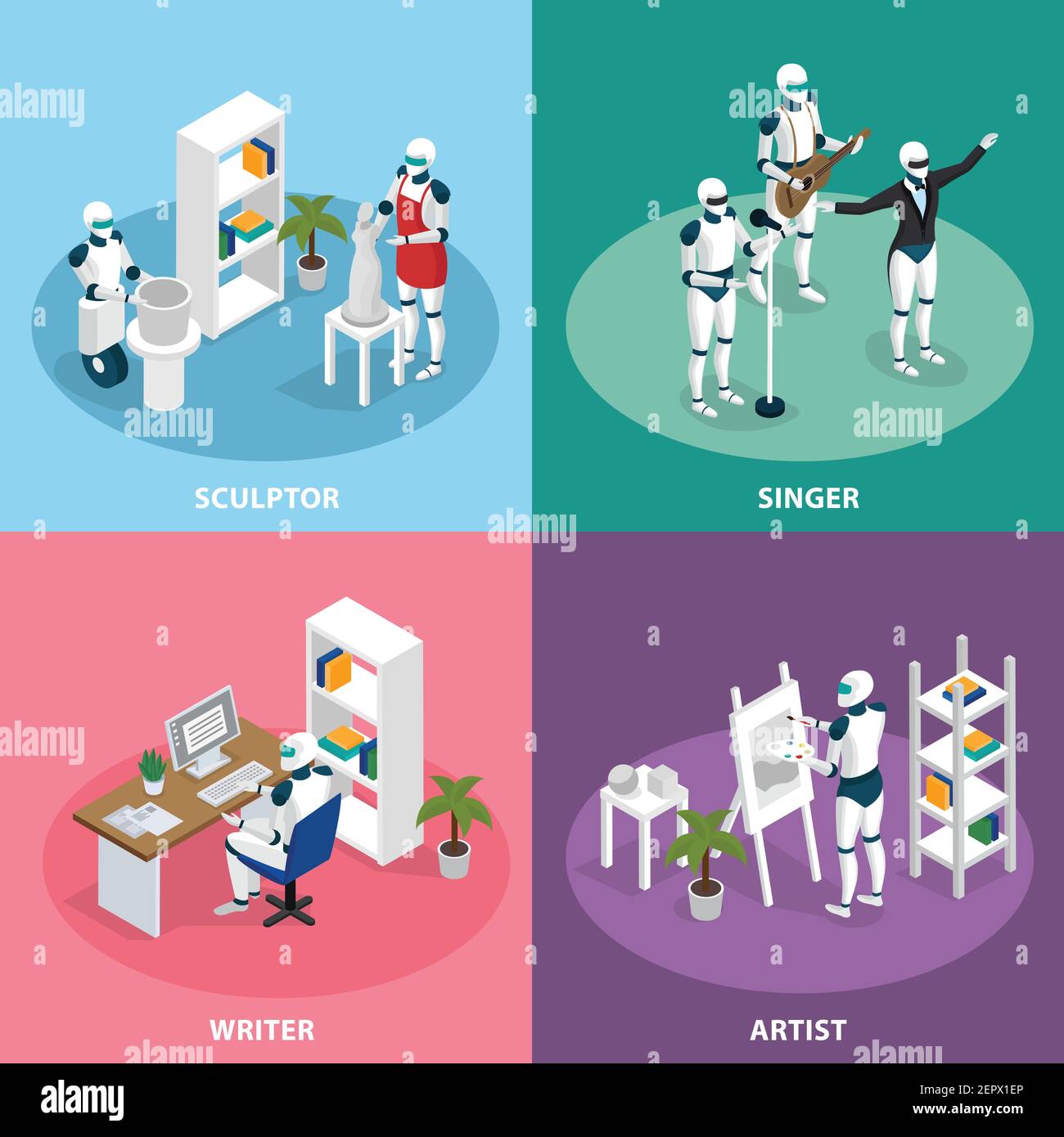 Artificial intelligence 4 isometric icons concept with creative robots sculptor artist writer singer musician isolated vector illustration Stock Vector