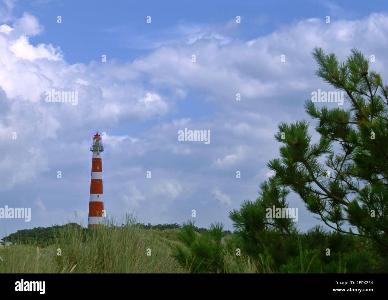 Red and white lighthouse panorama on the Frisian island of Ameland Stock Photo