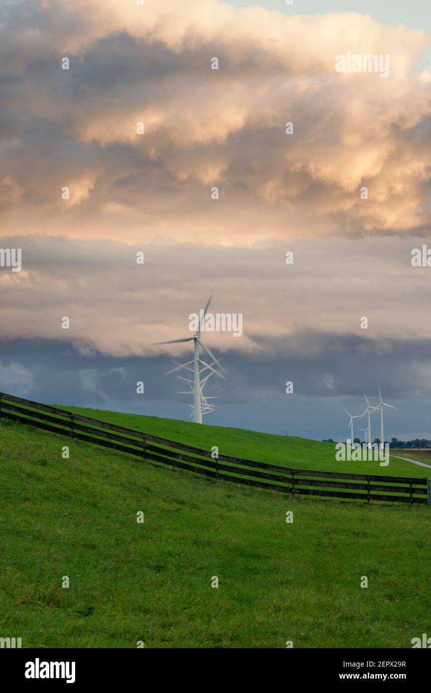 Wind turbines under a beautiful sky in Flevopolder Stock Photo