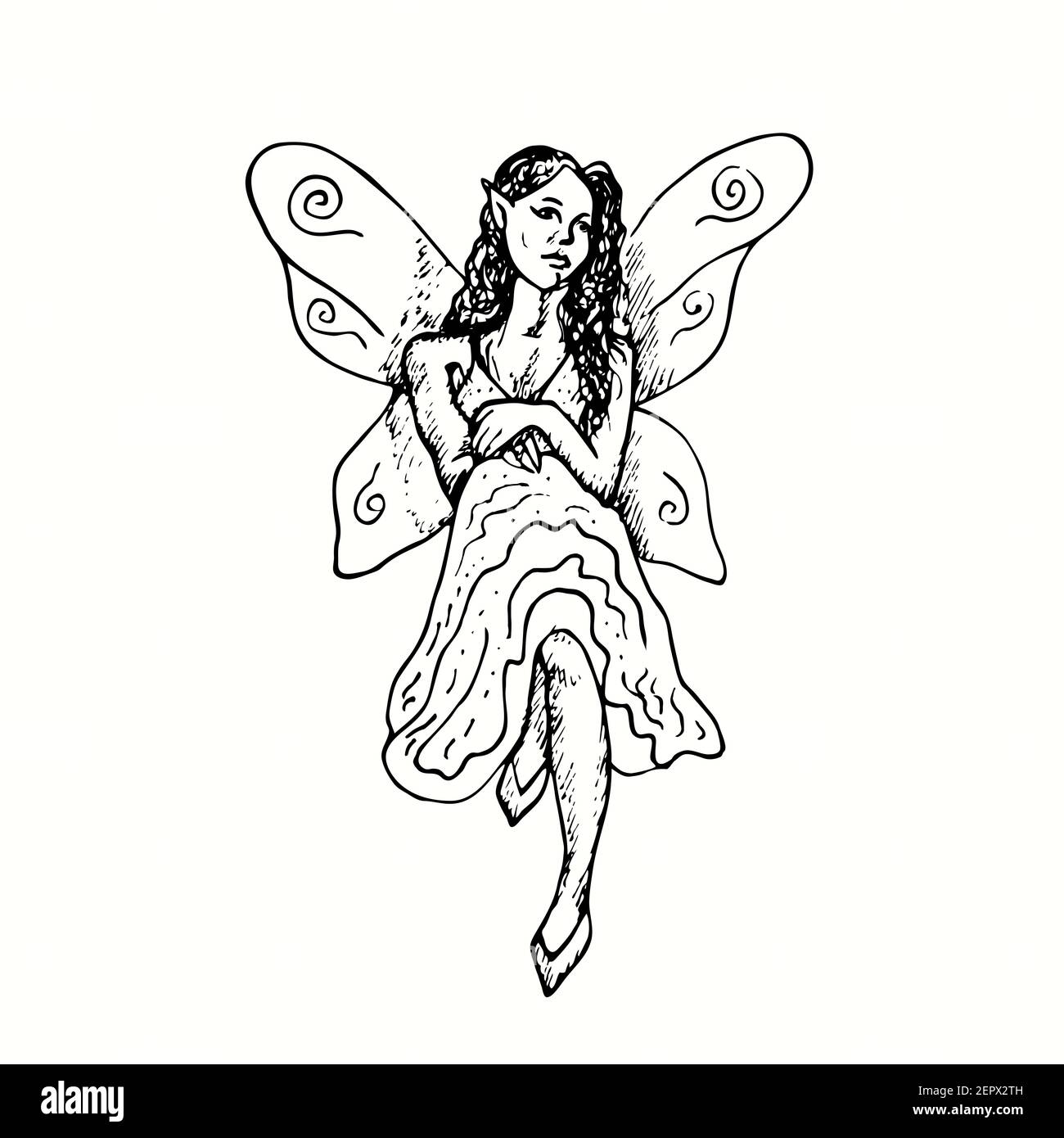 Beautiful fairy sitting isolated. Ink black and white doodle drawing in woodcut outline style. Stock Photo