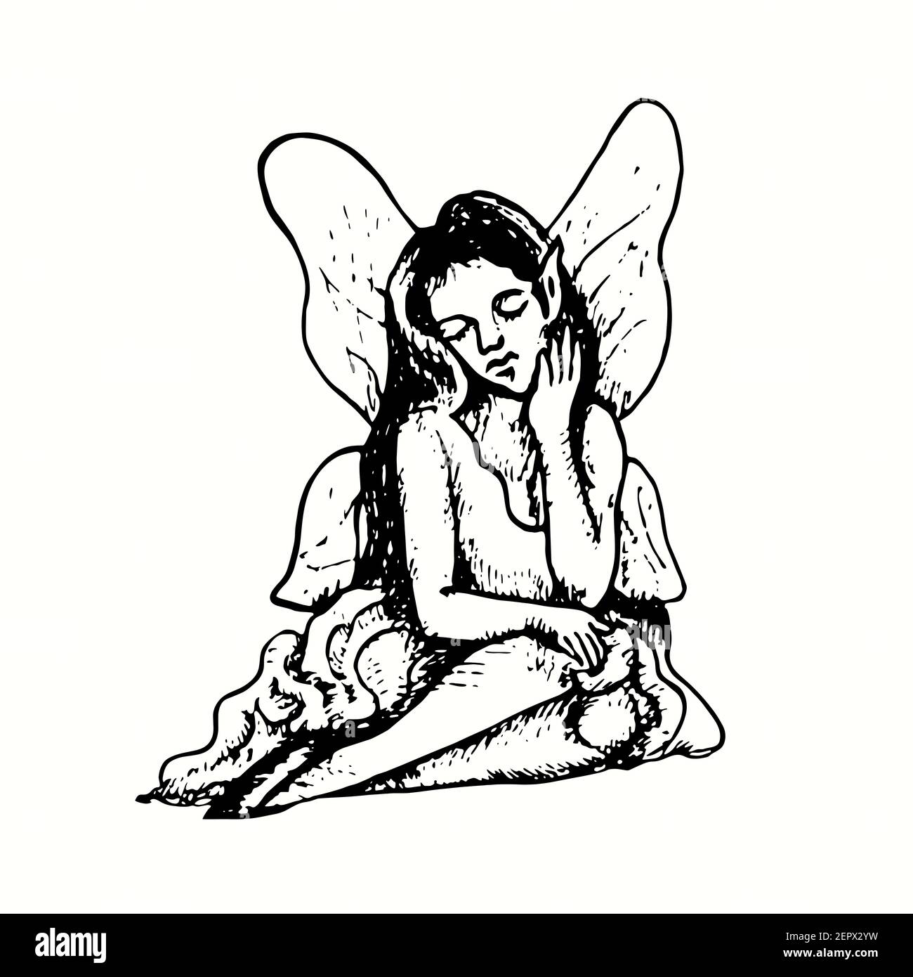 Beautiful fairy sitting and dreaming isolated. Ink black and white