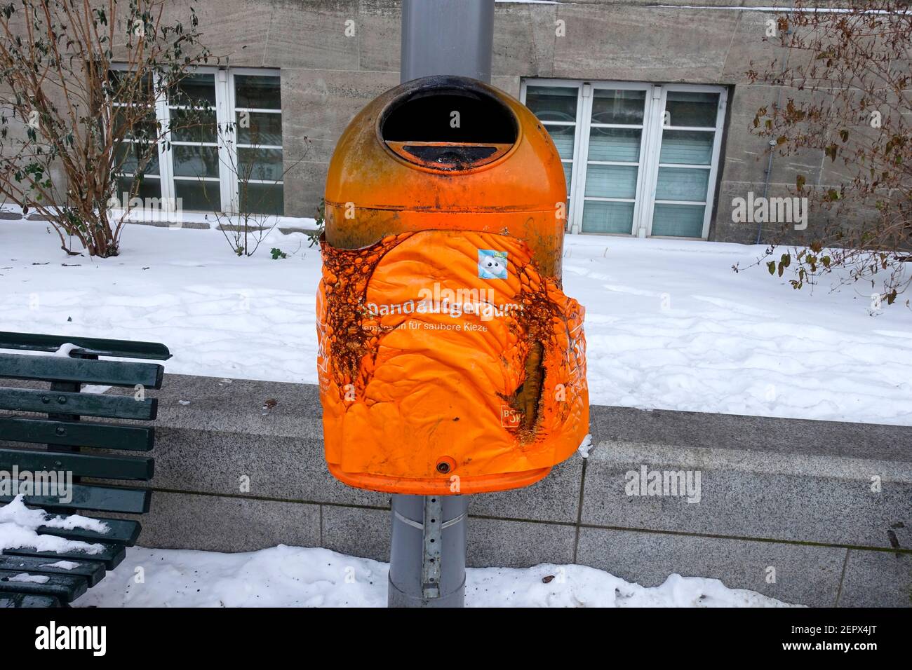 Extinguished rubbish bin in the old town of Spandau, Berlin Stock Photo