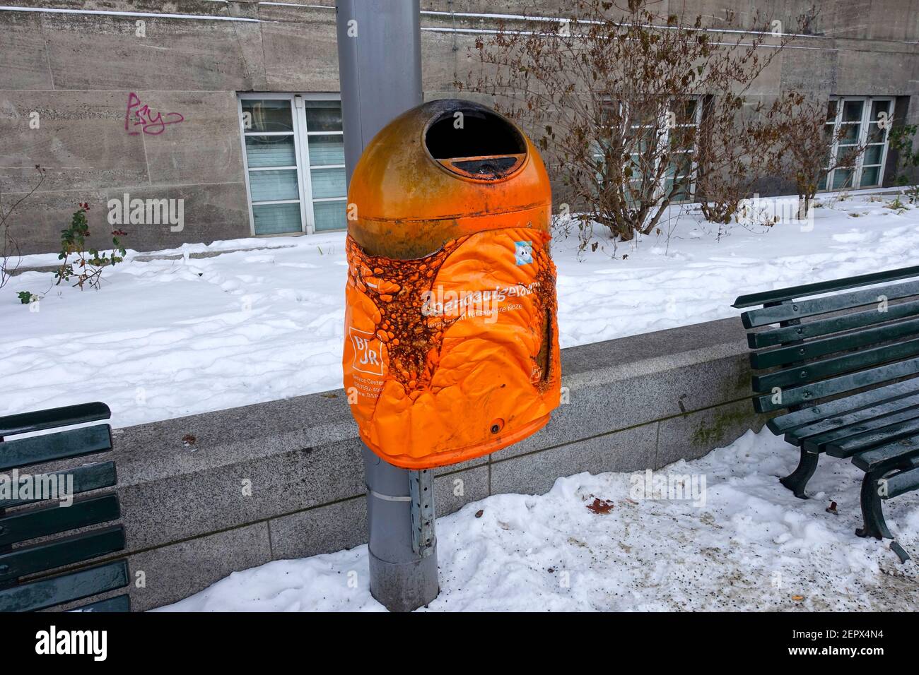 Extinguished rubbish bin in the old town of Spandau, Berlin Stock Photo