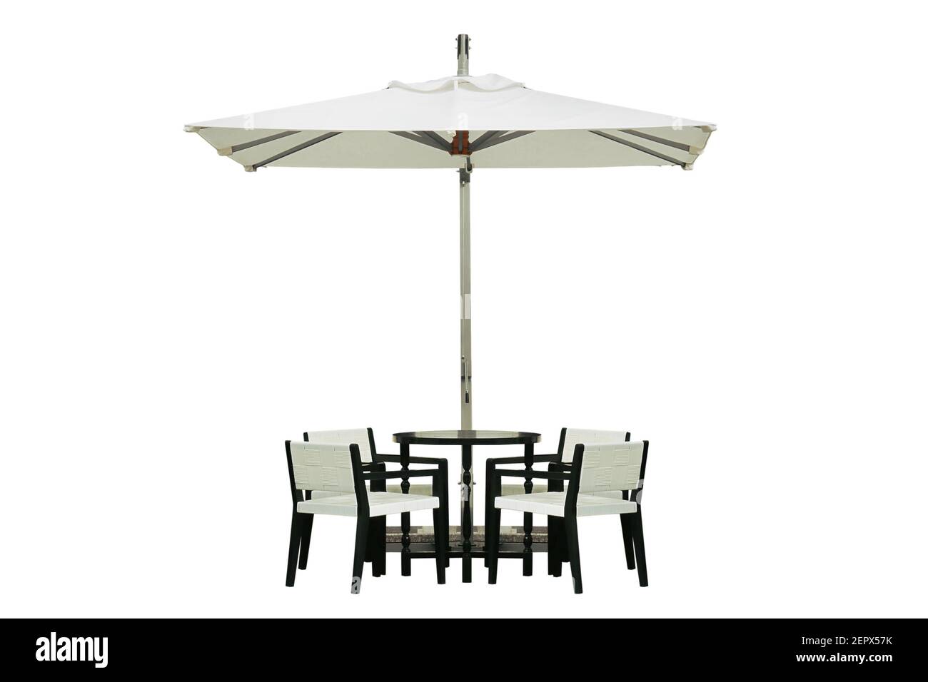 Outdoor Coffee Table Set and Umbrella Isolated on White Background with Clipping Path Stock Photo