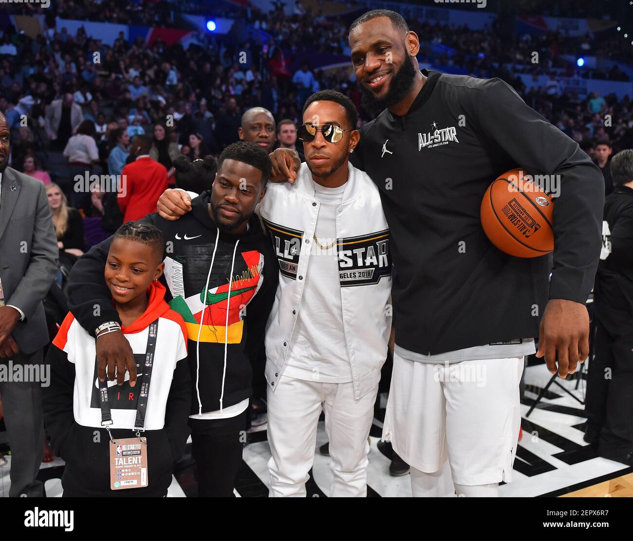 February 18, 2018; Los Angeles, Ca, Usa; Team Lebron Forward Lebron James Of The Cleveland Cavaliers (23) Poses For A Photo With Recording Artist Ludacris Actor Kevin Hart And Son Hendrix Hart