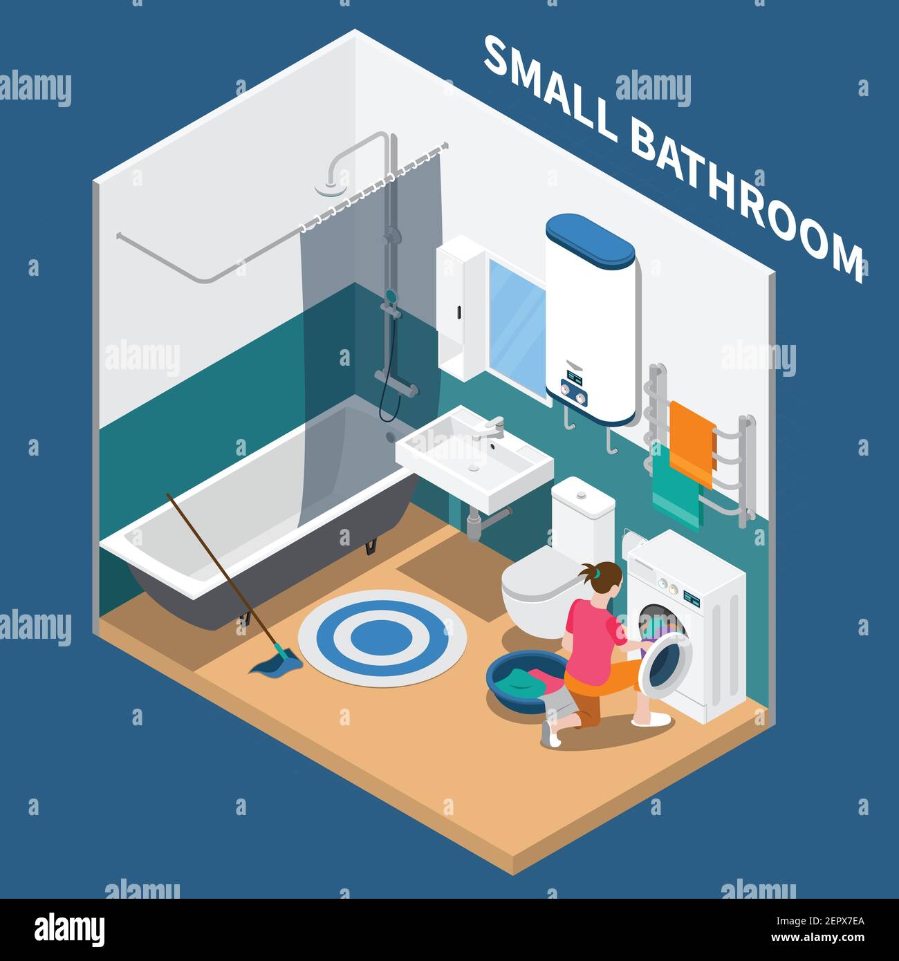 Small bath room isometric composition with plumbing, water heater, laundry machine, towel dryer, vector illustration Stock Vector