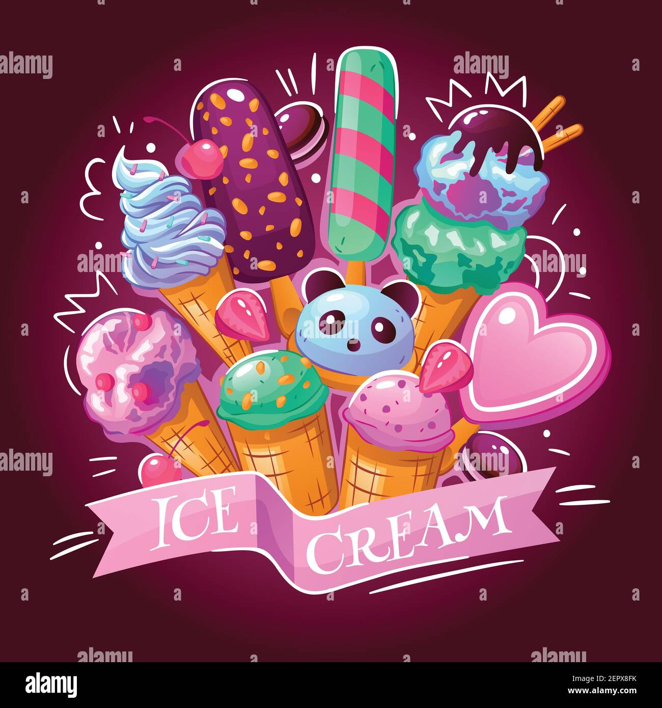 Ice cream products assortment background advertisement poster with delicious frozen yogurt chocolate strawberry japanese desserts vector illustration Stock Vector