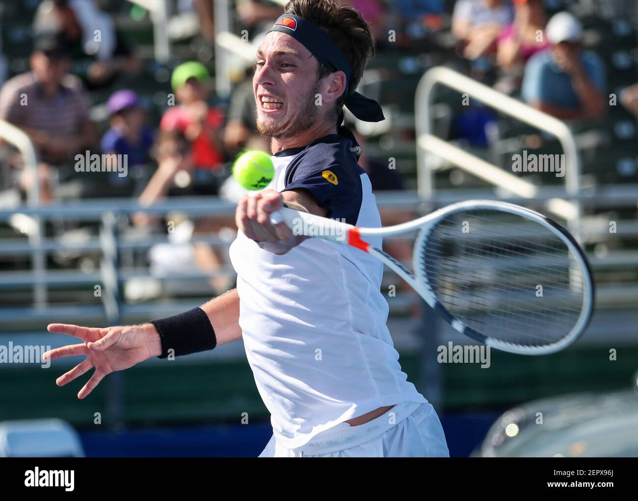 February 19, 2018: Cameron Norrie, of Great Britain, hits a forehand  against Hyeon Chung, from Korea, during the 2018 Delray Beach Open ATP  professional tennis tournament, played at the Delray Beach Stadium