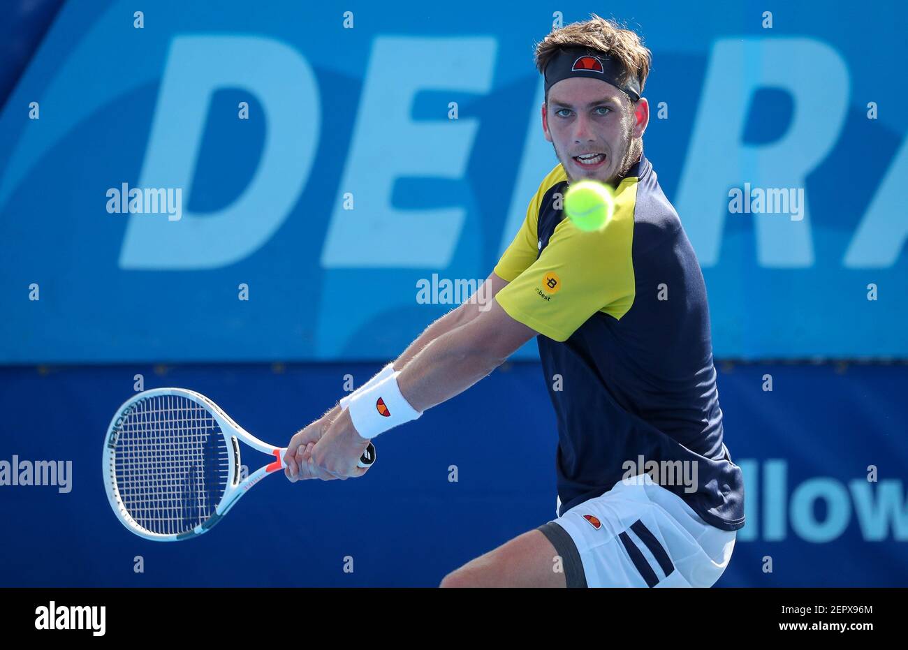 February 19, 2018: Cameron Norrie, of Great Britain, plays a backhand  against Hyeon Chung, from Korea, during the 2018 Delray Beach Open ATP  professional tennis tournament, played at the Delray Beach Stadium