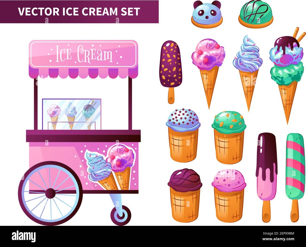 Ice cream cart products set with chocolate vanilla frozen yogurt snacks bar waffle cones isolated vector illustration Stock Vector