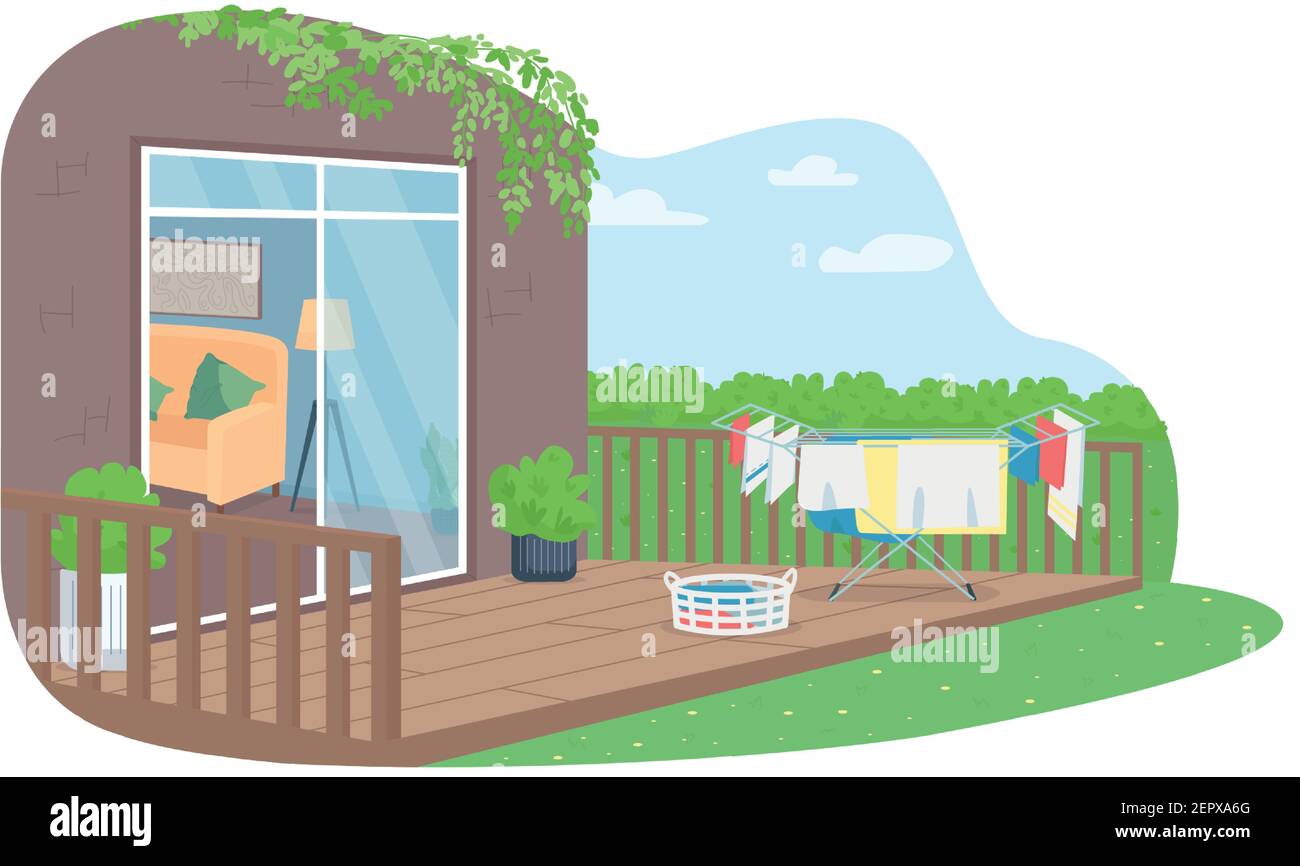 Drying laundry in back yard 2D vector web banner, poster Stock Vector