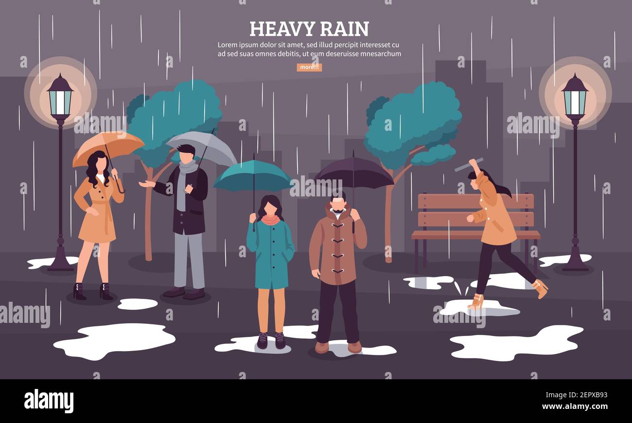 Weather forecast web page with heavy rain on dark cloudy day with people under umbrellas vector illustration Stock Vector