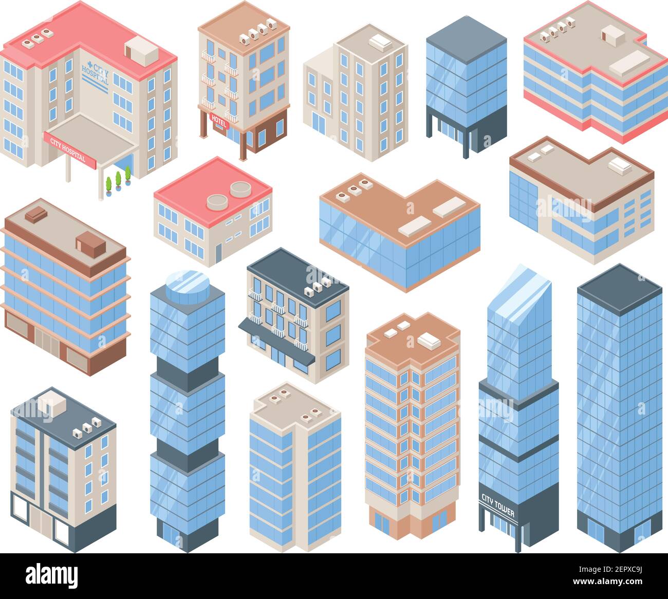 City buildings isometric set with urban life and architecture symbols isolated vector illustration Stock Vector
