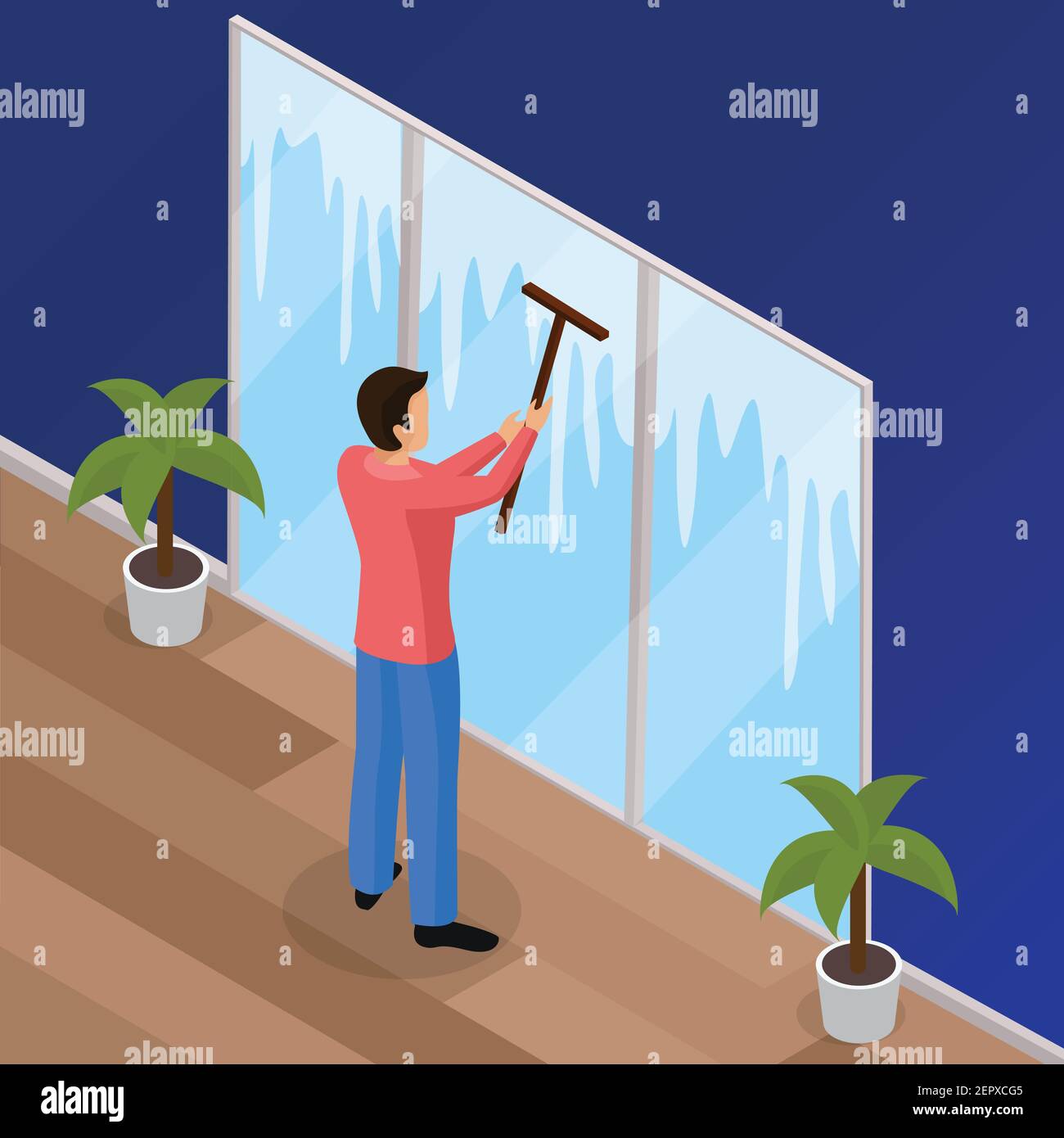 Spring thorough house cleaning works isometric background poster with man washing windows with squeegee wiper vector illustration Stock Vector