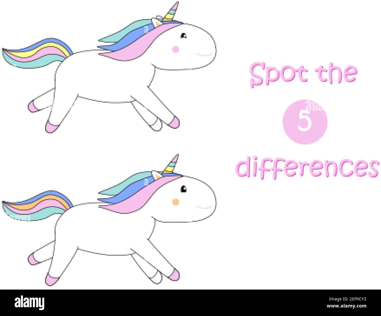 Spot the differences child educational game with unicorn Stock Vector