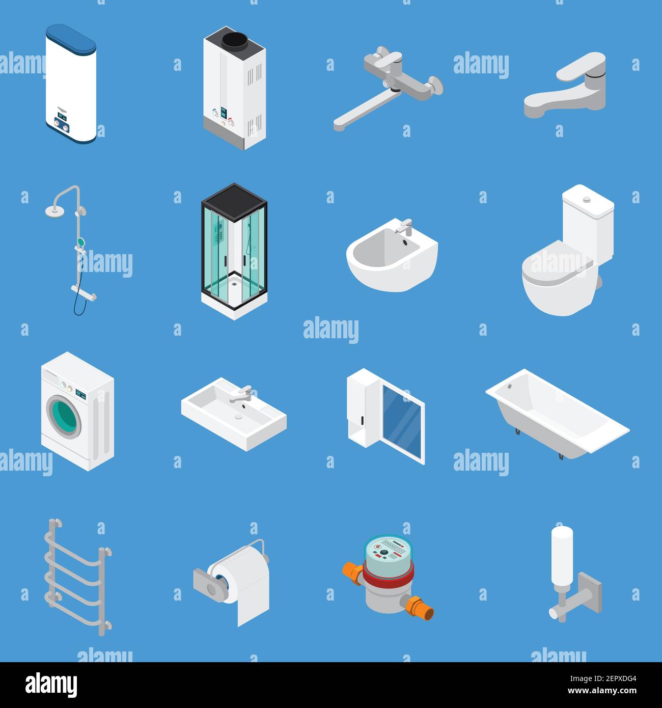 Sanitary engineering including faucets, bath, sinks, lavatory, laundry washer isometric icons isolated on blue background vector illustration Stock Vector