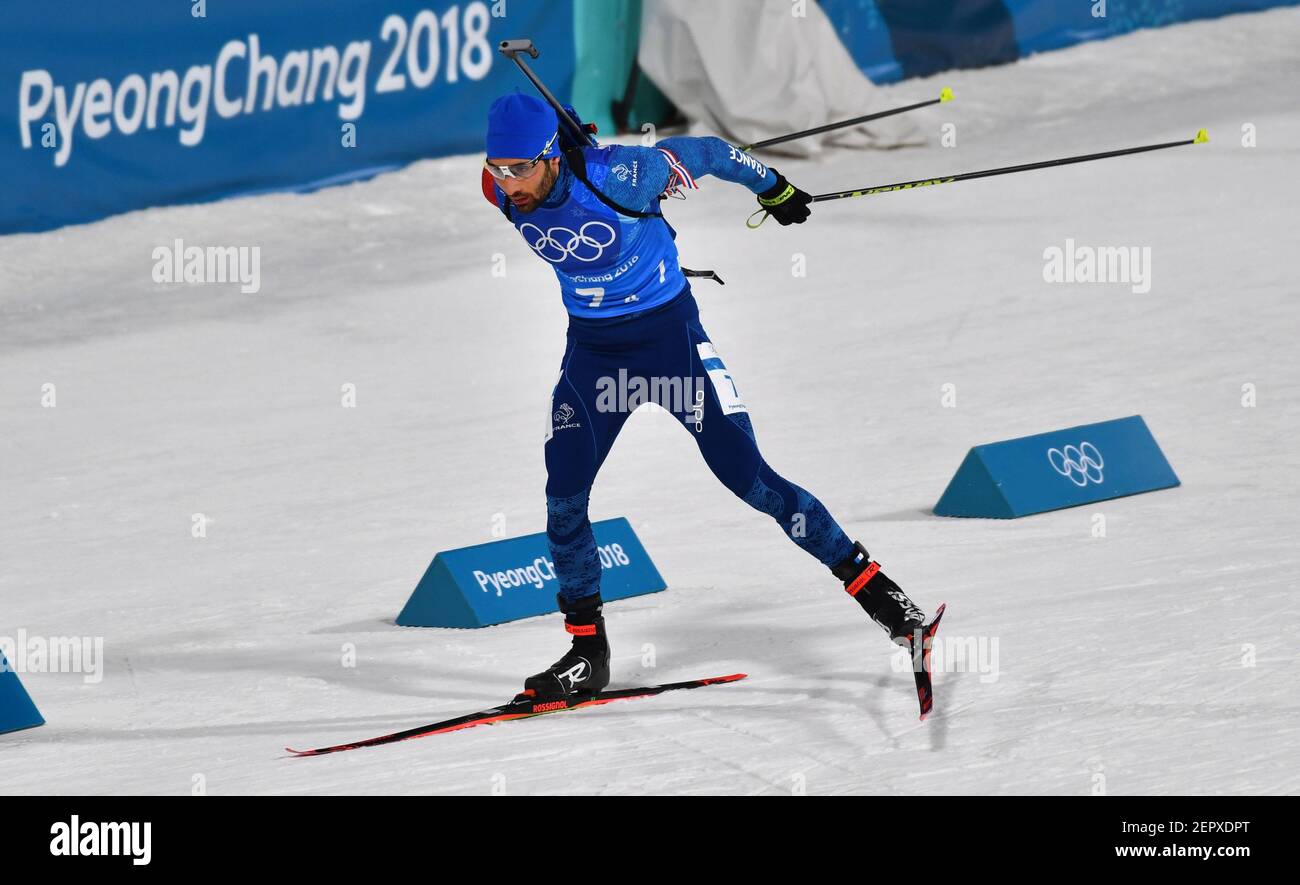 Feb 20, 2018; Pyeongchang, South Korea; Martin Fourcade (FRA) competes in  the biathlon 2 x 6km women + 2 x 7.5km men mixed event during the  Pyeongchang 2018 Olympic Winter Games at
