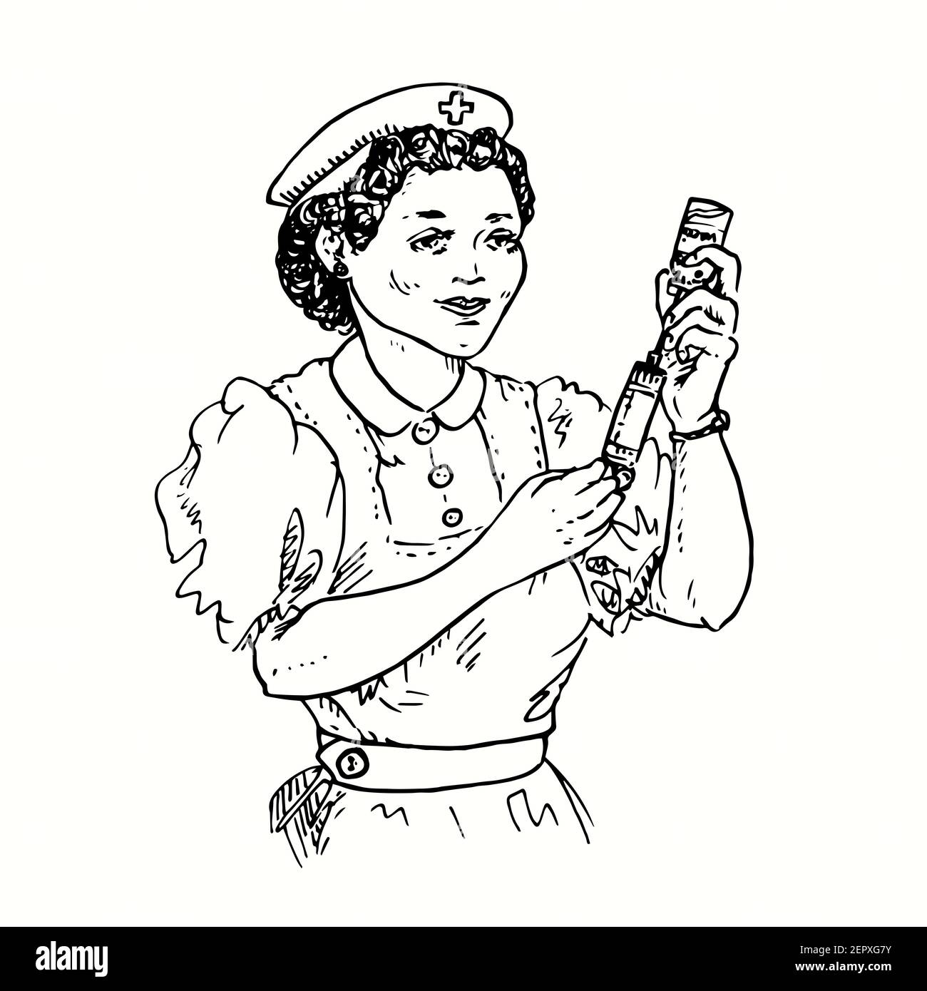 Nurse getting ready to inject, getting vaccine from bottle (vial). Ink black and white drawing. Stock Photo