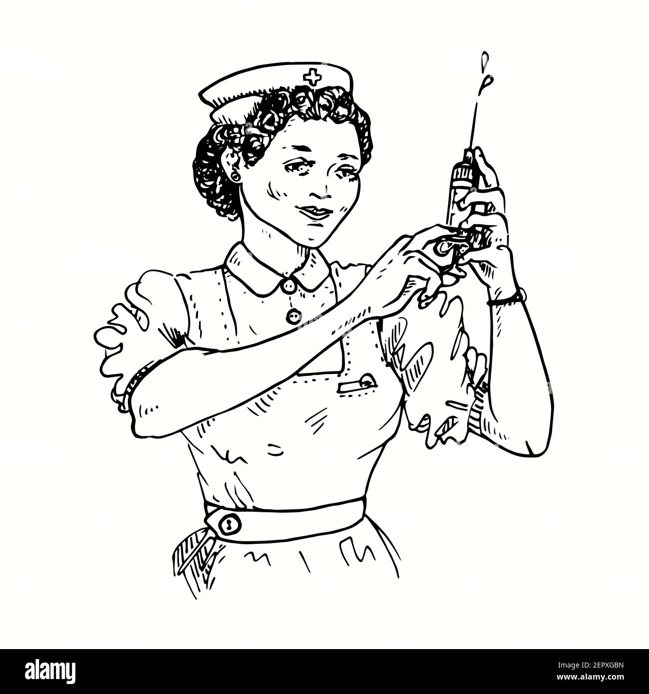 Nurse getting ready to inject, getting ready to vaccinate . Ink black and white drawing. Stock Photo