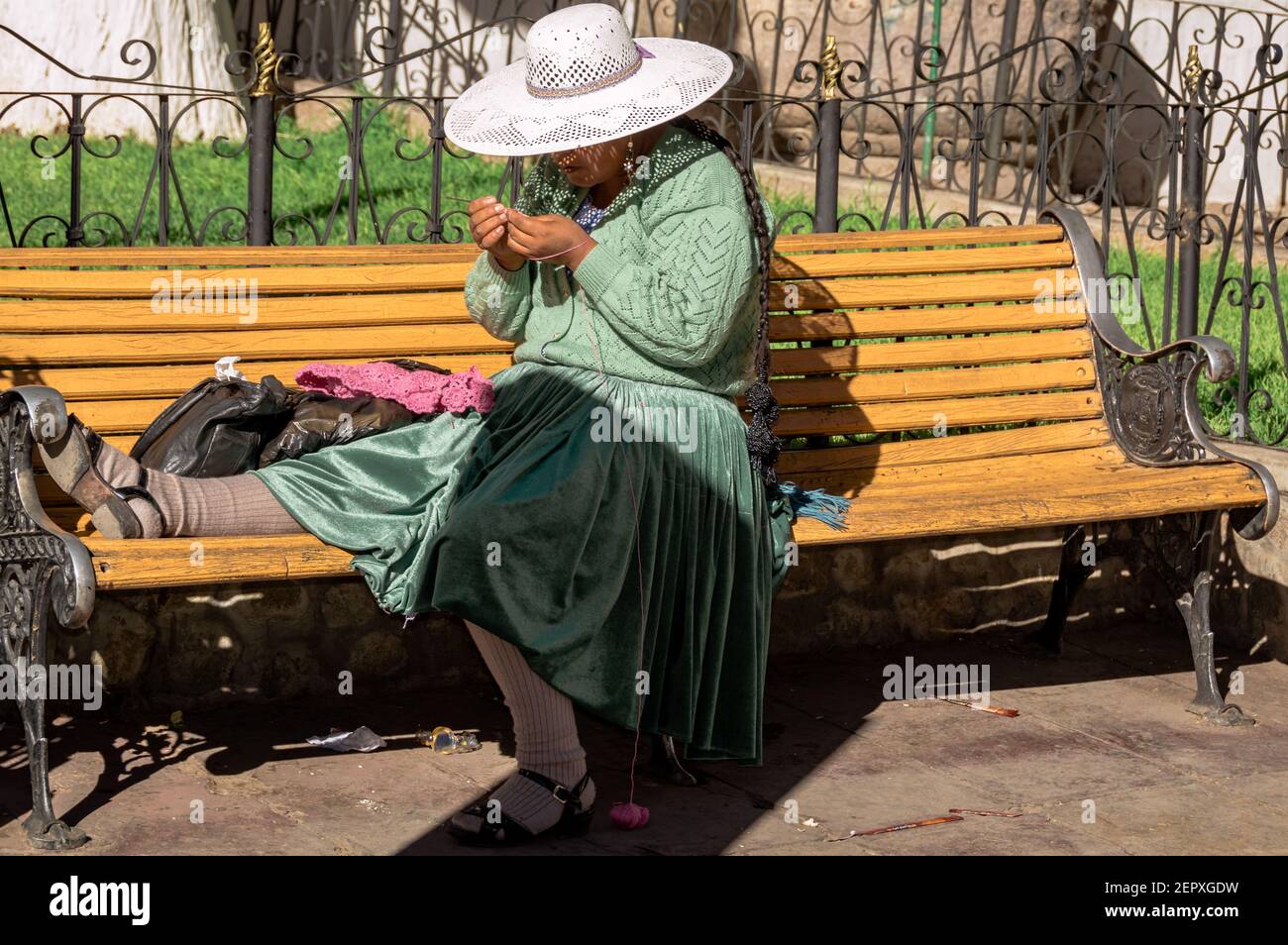 Woman knitting in Potosí, Bolivia Stock Photo