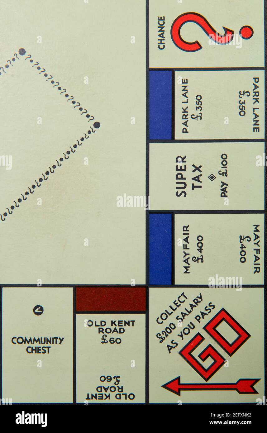 Detail of 1961 Monopoly game board with original metal playing piece