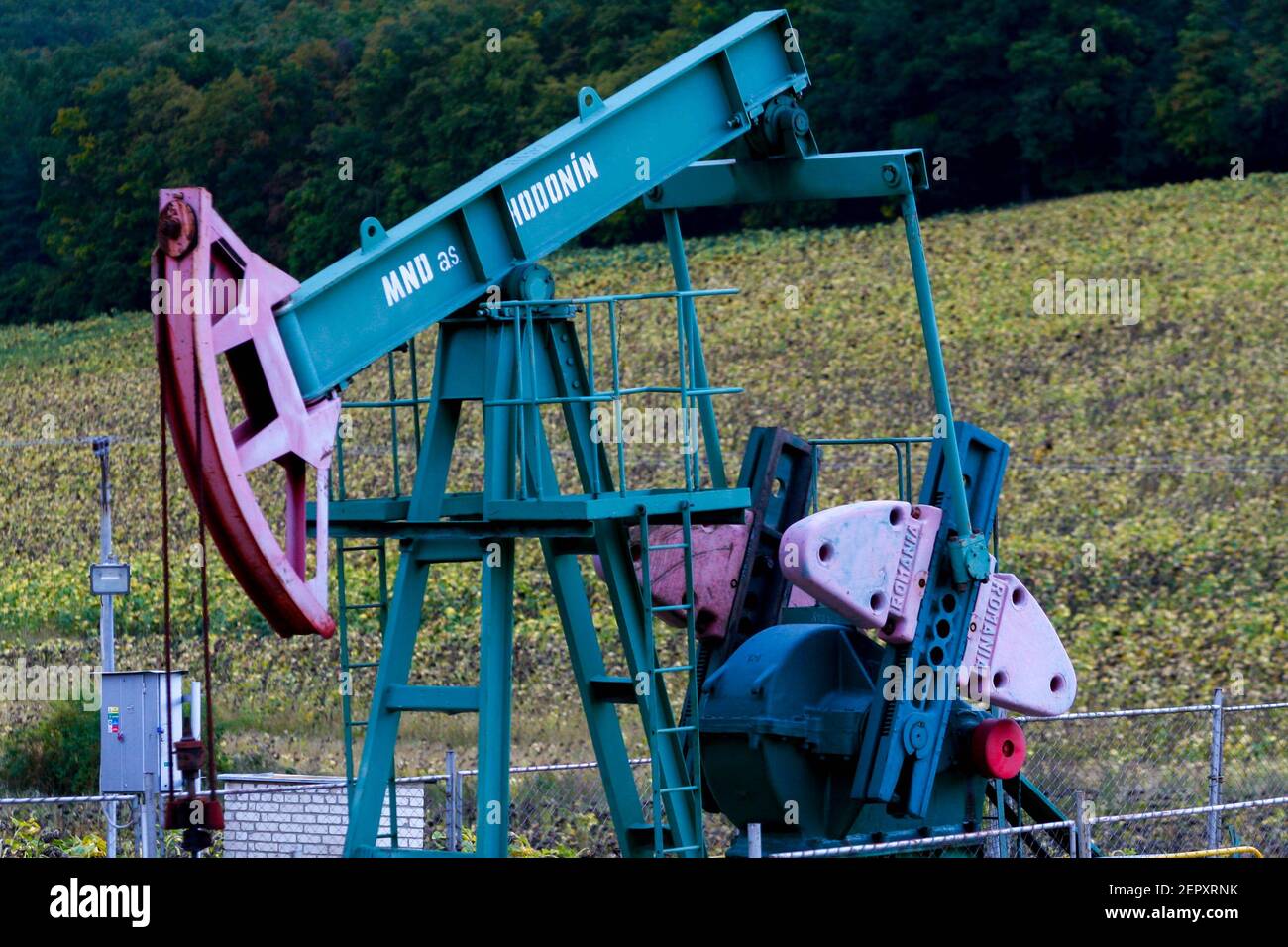 Pump jack on oilfield and gas industry, oil well derrick Stock Photo