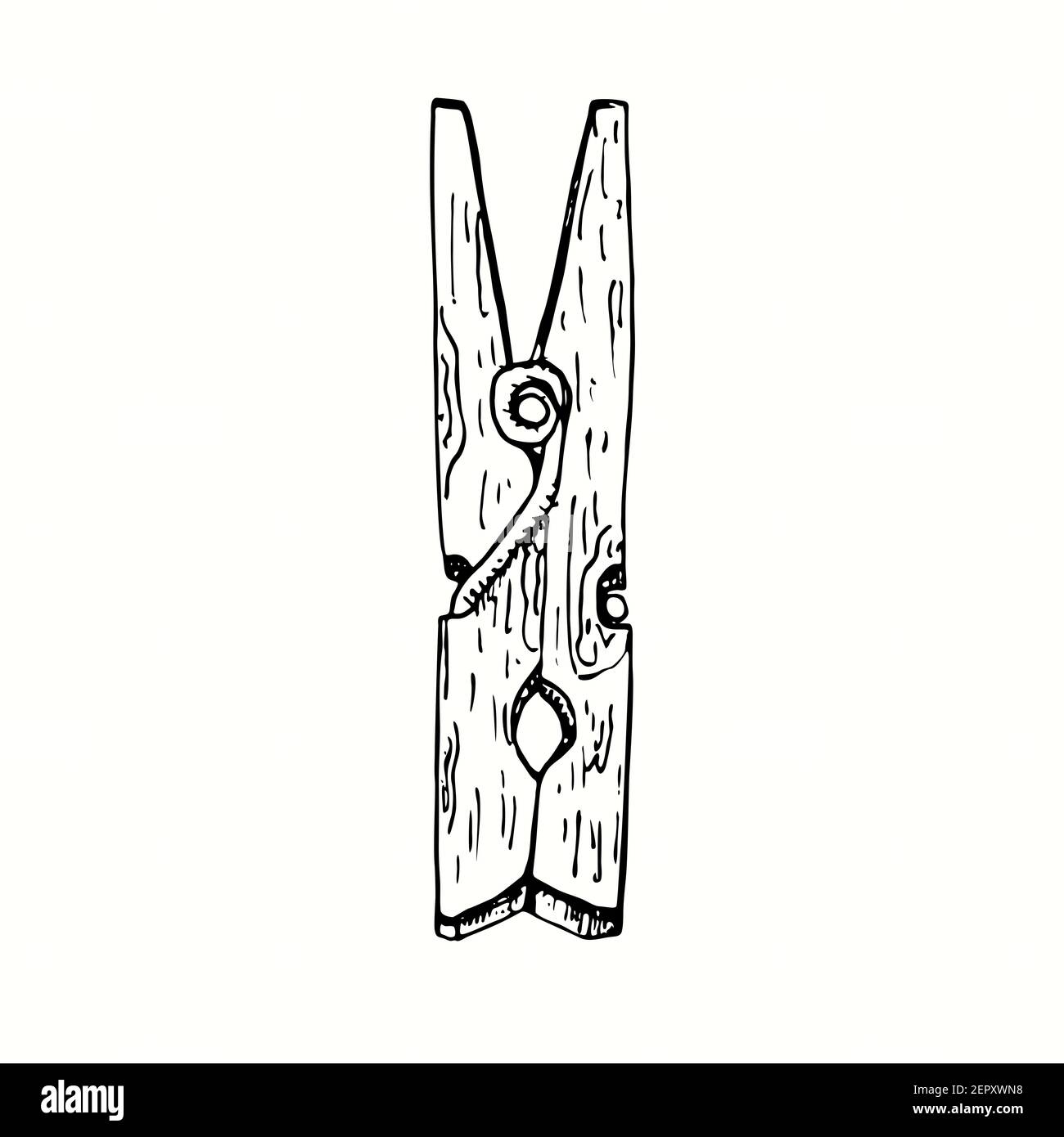Hand drawn wooden clothespin. Ink black and white drawing Stock Photo