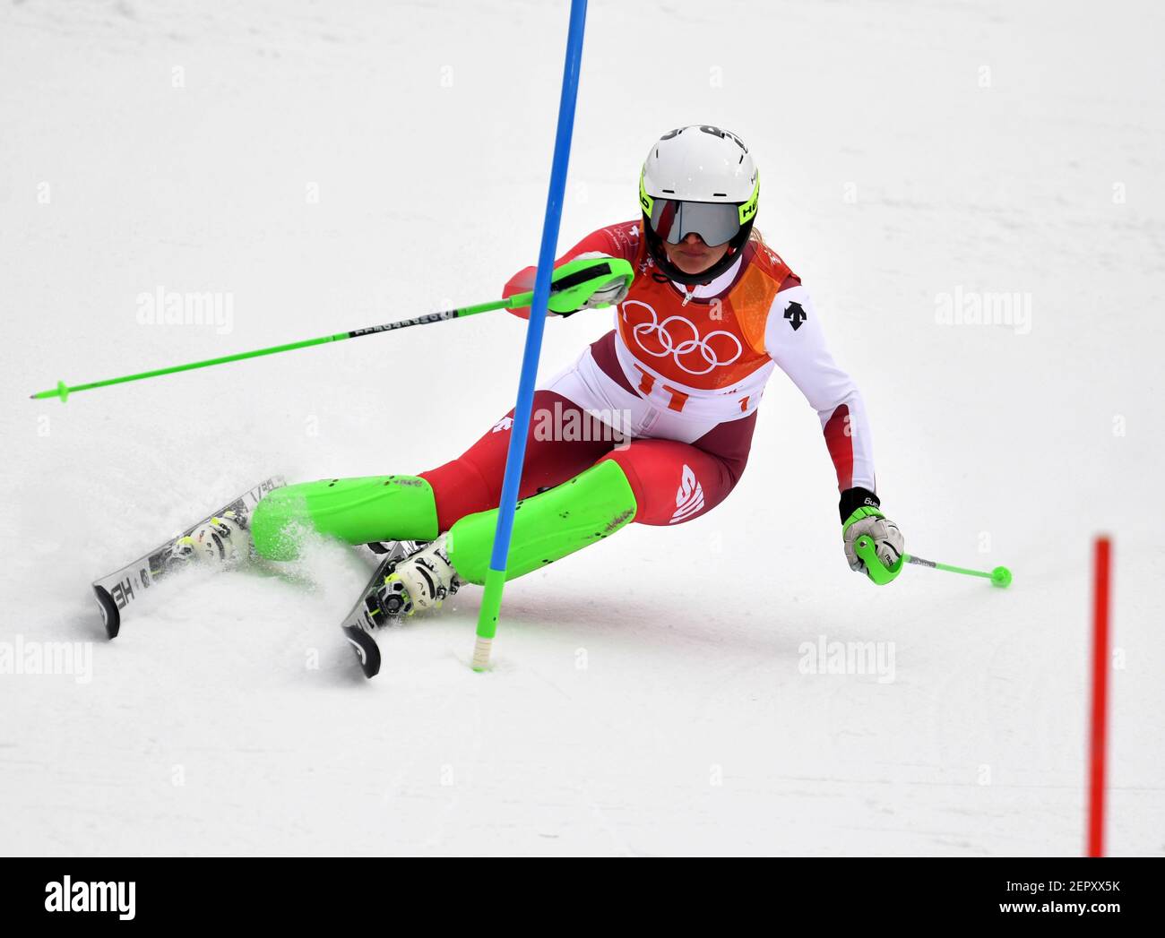 Feb 22, 2018; Pyeongchang, South Korea; Denise Feierabend (SUI) competes in the women's alpine combined slalom event during the Pyeongchang 2018 Olympic Winter Games at Jeongseon Alpine Centre. Mandatory Credit: Eric Bolte-USA TODAY Sports Stock Photo