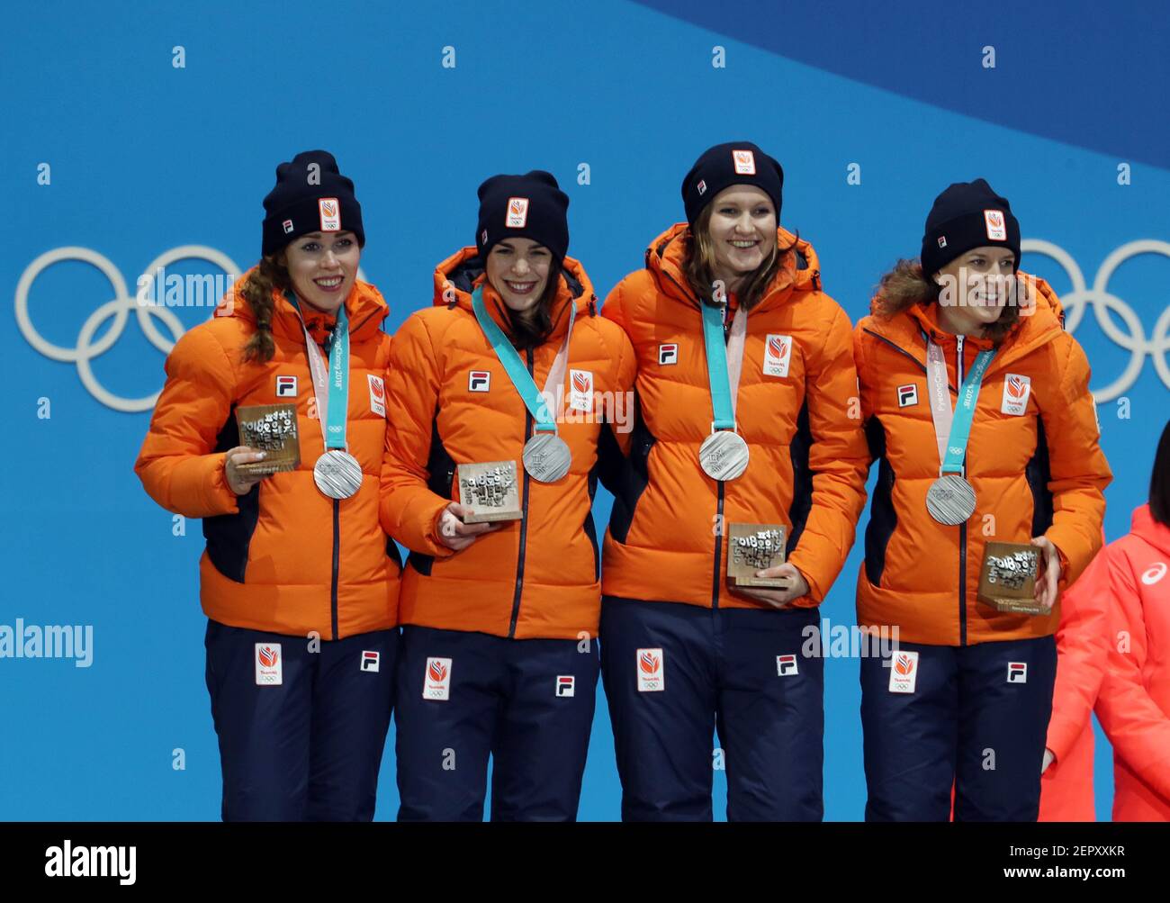 Feb 22, 2018; Pyeongchang, South Korea; The Netherlands celebrate after being awarded the silver medal during the medals ceremony for the speed skating ladies team pursuit in the Pyeongchang 2018 Olympic Winter Games at Medals Plaza. Mandatory Credit: Eric Seals/USA TODAY Sports/Sipa USA Stock Photo