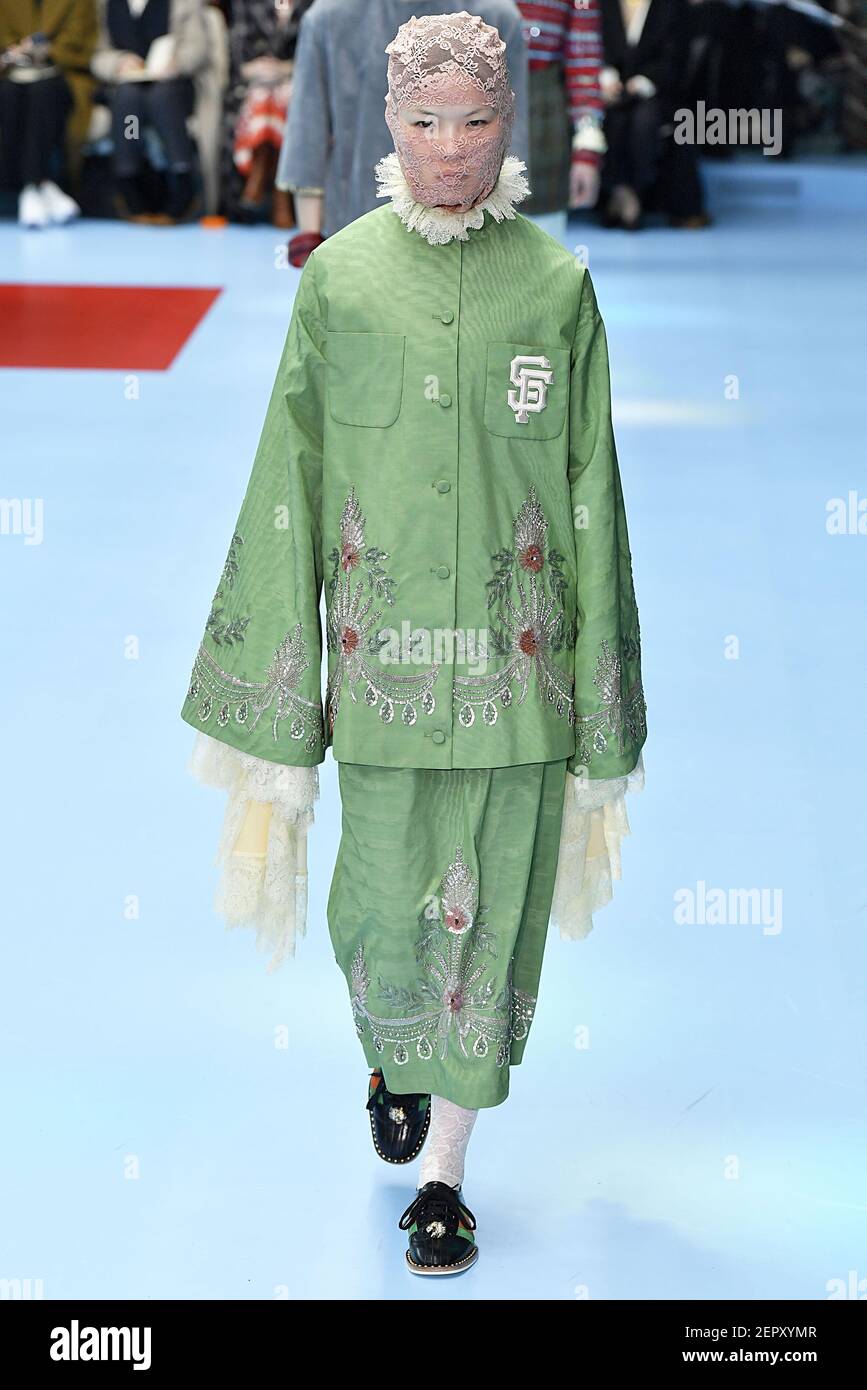 Model Xie Chaoyu walks on the runway during the Gucci Fashion Show during  Milan Womenswear Fall Winter 2018-2019 held in Milan, Italy on February 21,  2018. (Photo by Jonas Gustavsson/Sipa USA Stock