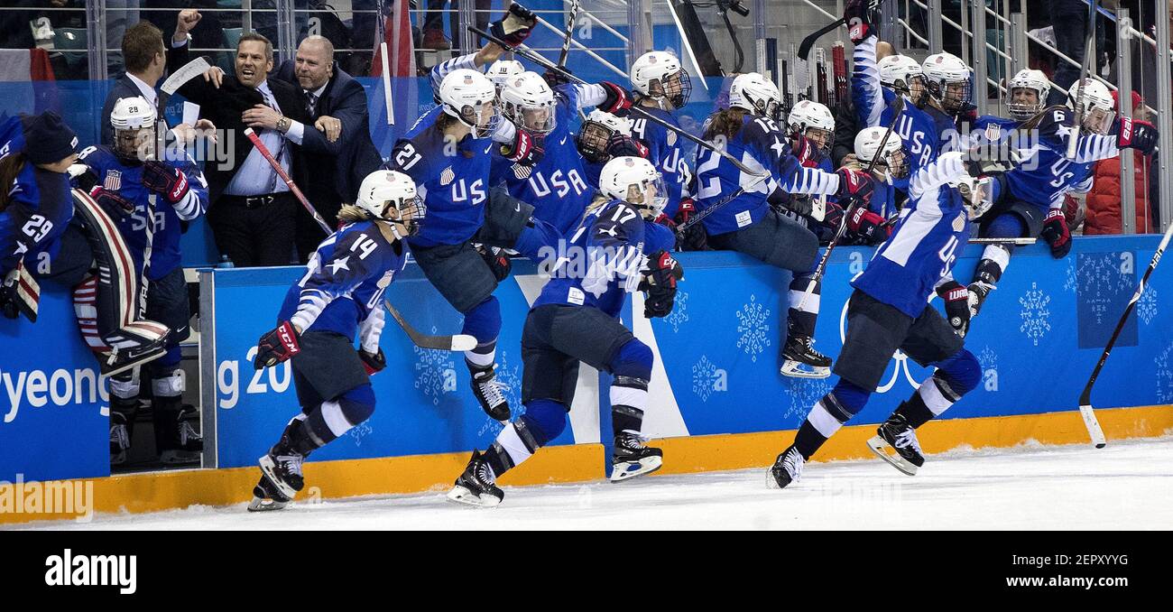 USA celebrates after beating Canada in a shootout to win the gold medal at Gangneung Hockey Centre Thursday, Feb. 22, 2018 in Pyeongchang, South Korea, during the Pyeongchang Winter Olympics. (Photo by Carlos Gonzalez/Minneapolis Star Tribune/TNS/Sipa USA) Stock Photo