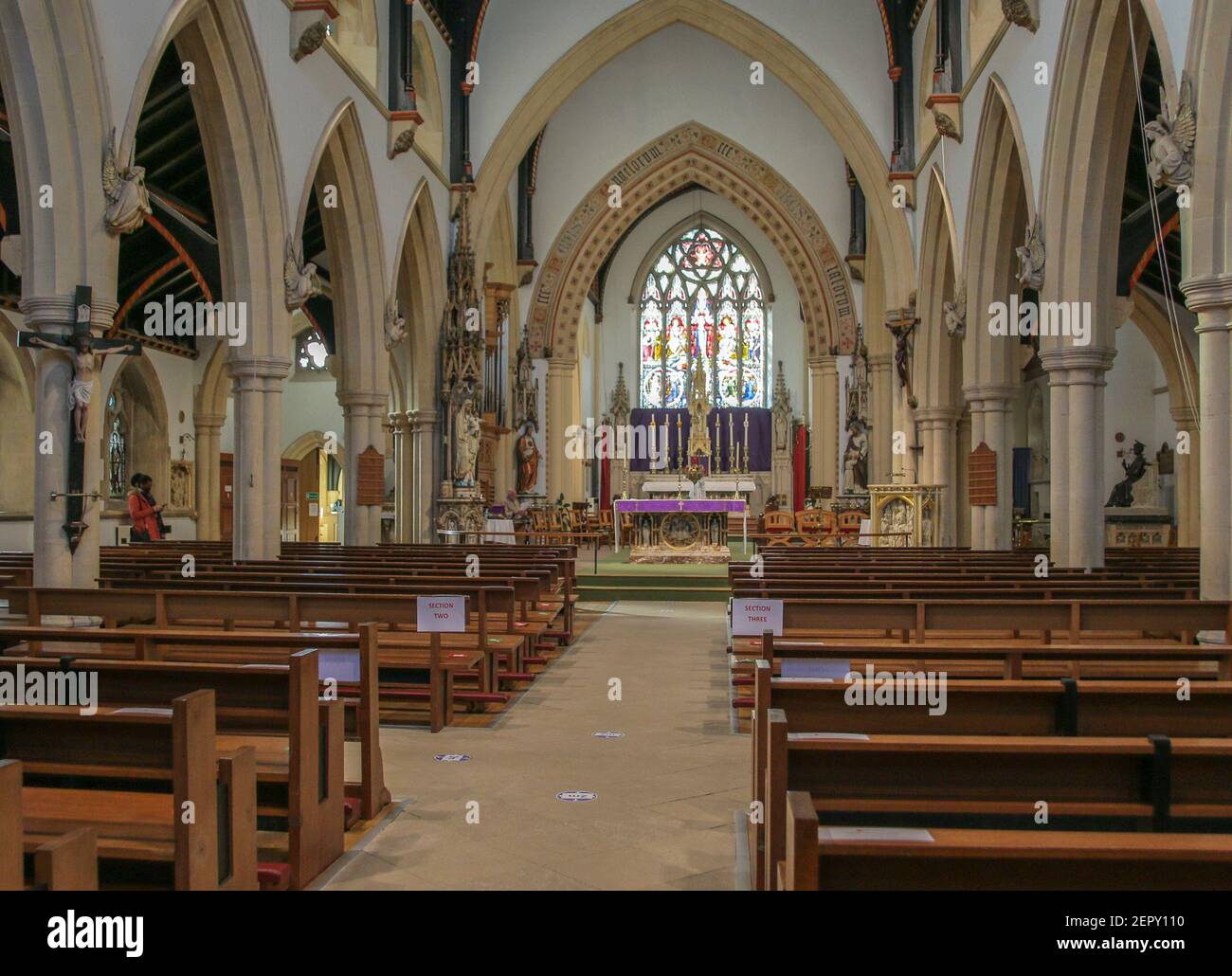 28th February, Cheltenham, England. A general view (GV) of St Gregory’s Catholic Church in Cheltenham during the third national lockdown owing to the Coronavirus Pandemic. Stock Photo