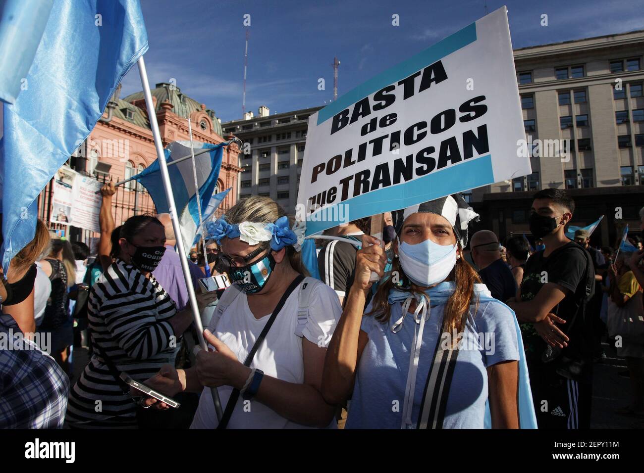 Buenos Aires, Argentina. 27th Feb, 2021. Fake body bags hung from the bars  of the government house during the demonstration.Demonstrators gathered at  Plaza de Mayo to protest against the Argentina government of